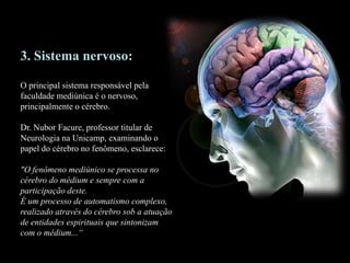 3. Sistema nervoso:
O principal sistema responsável pela
faculdade mediúnica é o nervoso,
principalmente o cérebro.
Dr. Nubor Facure, professor titular de
Neurologia na Unicamp, examinando o
papel do cérebro no fenômeno, esclarece:
"O fenômeno mediúnico se processa no
cérebro do médium e sempre com a
participação deste.
É um processo de automatismo complexo,
realizado através do cérebro sob a atuação
de entidades espirituais que sintonizam
com o médium...“
 