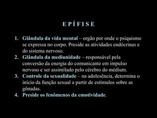 rgãos."
E P Í F I S E
1. Glândula da vida mental – orgão por onde o psiquismo
se expressa no corpo. Preside as atividades endócrinas e
do sistema nervoso.
2. Glândula da mediunidade – responsável pela
conversão da energia do comunicante em impulso
nervoso e ser assimilado pelo cérebro do médium.
3. Controle da sexualidade – na adolesência, determina o
início da função sexual a partir de estímulos sobre as
gônadas.
4. Preside os fenômenos da emotividade.
 