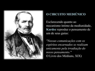 O CIRCUITO MEDIÚNICO
Esclarecendo quanto ao
mecanismo íntimo da mediunidade,
Kardec reproduz o pensamento de
um de seus guias:
"Nossas comunicações com os
espíritos encarnados se realizam
unicamente pela irradiação do
nosso pensamento."
O Livro dos Médiuns, XIX)
 