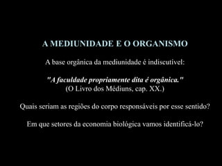 A MEDIUNIDADE E O ORGANISMO
A base orgânica da mediunidade é indiscutível:
"A faculdade propriamente dita é orgânica."
(O Livro dos Médiuns, cap. XX.)
Quais seriam as regiões do corpo responsáveis por esse sentido?
Em que setores da economia biológica vamos identificá-lo?
 