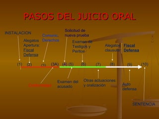 PASOS DEL JUICIO ORALPASOS DEL JUICIO ORAL
INSTALACION
Conformidad
(2) (3)
Alegatos
Apertura:
Fiscal
Defensa
(5)
Examen del
acusado
(6)
Examen de
Testigos y
Peritos
(7)
Otras actuaciones
y oralización
(8)
Alegatos
clausura
Fiscal
Defensa
(9)
Auto
defensa
(1) (10)
SENTENCIA
Solicitud de
nueva pruebaComunic.
Derechos
(4)(3A)
 
