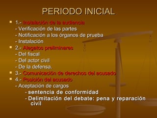 PERIODO INICIALPERIODO INICIAL
 1.-1.- Instalación de la audienciaInstalación de la audiencia
- Verificación de las partes- Verificación de las partes
- Notificación a los órganos de prueba- Notificación a los órganos de prueba
- Instalación- Instalación
 2.-2.- Alegatos preliminaresAlegatos preliminares
- Del fiscal- Del fiscal
- Del actor civil- Del actor civil
- De la defensa.- De la defensa.
 3.-3.- Comunicación de derechos del acusadoComunicación de derechos del acusado
 4.-4.- Posición del acusadoPosición del acusado
- Aceptación de cargos- Aceptación de cargos
-- sentencia de conformidadsentencia de conformidad
-- Delimitación del debate: pena y reparaciónDelimitación del debate: pena y reparación
civilcivil
 