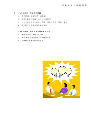 STAR 程 序 三 、 找 出 真 正 原 因
1. 真 正 原 因 （ BIG WHY） 的 意 涵
2. 從 歷 史 軌 跡 （ 曲 線 ） 來 分 析 目 前 狀 況
3. 六 大 生 存 狀 況 （ 不 存 在 、 危 險 、 緊 急 、 正 常 、 豐 盛 、 權 勢 ）
4. 各 大 狀 況 之 問 題 來 源 及 解 決 準 則
STAR 程 序 四 、 利 用 創 意 來 得 到 解 決 方 案
1. W-H 思 考 法 （ Why and How）
2. 善 用 W-H 思 考 來 得 到 20 個 解 決 方 案
3. 問 題 解 決 與 團 隊 能 量 的 關 係
 