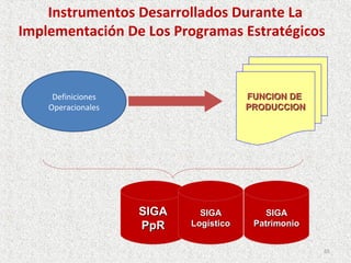 Instrumentos Desarrollados Durante La
Implementación De Los Programas Estratégicos



     Definiciones                      FUNCION DE
    Operacionales                      PRODUCCION




                    SIGA     SIGA          SIGA
                    PpR    Logístico    Patrimonio


                                                     65
 