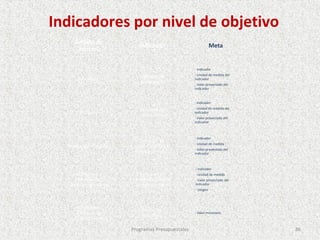 Indicadores por nivel de objetivo
     Ámbito de
                            Indicador                          Meta
      control


                                                    - Indicador

                            Indicador de            - Unidad de medida del
       Resultado                                    indicador
                             desempeño
                                                    - Valor proyectado del
                                                    indicador


                                                    - Indicador
                            Indicador de            - Unidad de medida del
       Producto                                     indicador
                             desempeño
                                                    - Valor proyectado del
                                                    indicador



                                                    - Indicador
                             Indicador de
                                                    - Unidad de medida
  Producto / Proyecto     producción física
                                                    - Valor proyectado del
                          (dimensión física)        indicador



                                                    - Indicador
      Actividades /          Indicador de           - Unidad de medida
       Acciones de        producción física         - Valor proyectado del
   inversión y/u obras    (dimensión física)        indicador
                                                    - Ubigeo



      Actividades /
                             Dimensión
       Acciones de                                  - Valor monetario
                             financiera
   inversión y/u obras

                         Programas Presupuestales                            86
 