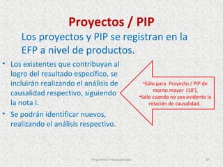 Proyectos / PIP
      Los proyectos y PIP se registran en la
      EFP a nivel de productos.
• Los existentes que contribuyan al
  logro del resultado específico, se
  incluirán realizando el análisis de                    •Sólo para Proyecto / PIP de
                                                             monto mayor (10’).
  causalidad respectivo, siguiendo                     •Sólo cuando no sea evidente la
  la nota I.                                               relación de causalidad.
• Se podrán identificar nuevos,
  realizando el análisis respectivo.



                            Programas Presupuestales                               87
 