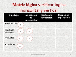 Matriz lógica verificar lógica
           horizontal y vertical
    Objetivos         Indicadores             Medios de      Supuestos
                           de                verificación   importantes
                      desempeño
Resultado final
                  1

Resultado
                  2      3
específico

Productos         4      5


Actividades
                  6



                             Programas Presupuestales                     89
 
