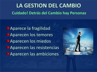 LA GESTION DEL CAMBIO
Aparece la fragilidad
Aparecen los temores
Aparecen los miedos
Aparecen las resistencias
Aparecen las ambiciones
Cuidado! Detrás del Cambio hay Personas
 