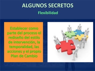 ALGUNOS SECRETOS
Establecer como
parte del proceso el
rediseño del estilo
de intervención, la
temporalidad, las
acciones y el propio
Plan de Cambio
Flexibilidad
 
