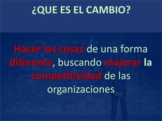 ¿QUE ES EL CAMBIO?
Hacer las cosas de una forma
diferente, buscando mejorar la
competitividad de las
organizaciones
 