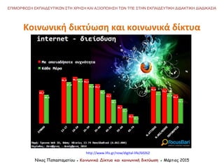 Νίκος Παπασταματίου ● Κοινωνικά Δίκτυα και κοινωνική δικτύωση ● Μάρτιος 2015
ΕΠΙΜΟΡΦΩΣΗ ΕΚΠΑΙΔΕΥΤΙΚΩΝ ΣΤΗ ΧΡΗΣΗ ΚΑΙ ΑΞΙΟΠΟΙΗΣΗ ΤΩΝ ΤΠΕ ΣΤΗΝ ΕΚΠΑΙΔΕΥΤΙΚΗ ΔΙΔΑΚΤΙΚΗ ΔΙΑΔΙΚΑΣΙΑ
Κοινωνική δικτύωση και κοινωνικά δίκτυα
http://www.lifo.gr/now/digital-life/60262
 