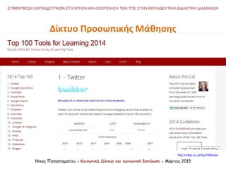 Νίκος Παπασταματίου ● Κοινωνικά Δίκτυα και κοινωνική δικτύωση ● Μάρτιος 2015
ΕΠΙΜΟΡΦΩΣΗ ΕΚΠΑΙΔΕΥΤΙΚΩΝ ΣΤΗ ΧΡΗΣΗ ΚΑΙ ΑΞΙΟΠΟΙΗΣΗ ΤΩΝ ΤΠΕ ΣΤΗΝ ΕΚΠΑΙΔΕΥΤΙΚΗ ΔΙΔΑΚΤΙΚΗ ΔΙΑΔΙΚΑΣΙΑ
Δίκτυο Προσωπικής Μάθησης
http://c4lpt.co.uk/top100tools/
 