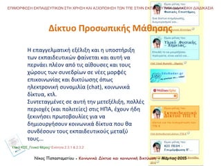 Νίκος Παπασταματίου ● Κοινωνικά Δίκτυα και κοινωνική δικτύωση ● Μάρτιος 2015
ΕΠΙΜΟΡΦΩΣΗ ΕΚΠΑΙΔΕΥΤΙΚΩΝ ΣΤΗ ΧΡΗΣΗ ΚΑΙ ΑΞΙΟΠΟΙΗΣΗ ΤΩΝ ΤΠΕ ΣΤΗΝ ΕΚΠΑΙΔΕΥΤΙΚΗ ΔΙΔΑΚΤΙΚΗ ΔΙΑΔΙΚΑΣΙΑ
Η επαγγελματική εξέλιξη και η υποστήριξη
των εκπαιδευτικών φαίνεται και αυτή να
περνάει πλέον από τις αίθουσες και τους
χώρους των συνεδρίων σε νέες μορφές
επικοινωνίας και δικτύωσης όπως
ηλεκτρονική συνομιλία (chat), κοινωνικά
δίκτυα, κτλ.
Συντεταγμένες σε αυτή την μετεξέλιξη, πολλές
περιοχές (και πολιτείες) στις ΗΠΑ, έχουν ήδη
ξεκινήσει πρωτοβουλίες για να
δημιουργήσουν κοινωνικά δίκτυα που θα
συνδέσουν τους εκπαιδευτικούς μεταξύ
τους...
Δίκτυο Προσωπικής Μάθησης
Υλικό ΚΣΕ_Γενικό Μέρος/ Ενότητα 2.3.1 & 2.3.2
 