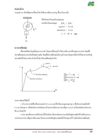 F           10
                   F F                                F       F F                                       40 kg

                                                                   F                                            F
                                   R= 1.0                                                                                        =
                         r = 0.2                                                                                       mg (0.2) = F (1.0)
                                              F
                                                                                                                     40(10)(0.2) = F (1.0)
                             m                                                                                                 F = 80 N Ans

                             mg


8.7                          F
                                                                                                                          F
                   F                          F                                                                     F F               F                             F                F
                       F F                                                                  F F

                                                          C
          F
                                    B                                               D

                        A                                                                                                                     L
                                                                        F                                                                                      F


                                                                                                                                          L0          ΔL




                                                                                                                ΔL
              O




            F
     1. F OA                                      F                    F F                  ∆   L                                                      A                F   F
F ∆L        A F                                                          F                                                    F           A           F    F
  ∆L    F
     2. F AB                                              F                 F           F               F                                         F                F FF
          F                             B F                    F                                            F                     F           B F                               F




                                                                                F                   F                www.schoolDD.com                                               10
 