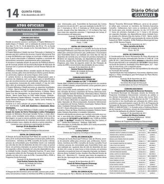 14                     qUintA-feiRA
                       8 de dezembro de 2011
                                                                                                                                                                                  Diário Oficial
                                                                                                                                                                                   GUARUJÁ
                                                                            soas interessadas, para Assembléia da Aprovação das Contas             Myriam Terezinha Wichrowski Millbourn, serve-se do presen-
                Atos oficiAis                                               do exercício do ano de 2011, que será realizada no dia 09/12/11,       te edital para convocar os membros da Diretoria Executiva,
                                                                            em 1ª chamada as 14h e 2ª chamada às 14h30 nesta Unidade               Conselho Deliberativo, bem como os membros do Conselho
          secretarias municipais                                            Escolar, situada à Rua São Sebastião, nº 125 no Bairro Pae Cará,       de Escola para uma reunião conjunta, no dia 12/12/2011, às
                                                                            para tratar dos seguintes assuntos: 1º Aprovação de Contas; 2º         11 horas em primeira chamada e às 11 horas e 30 minutos
                         educação                                           Demonstrativos de balancetes.                                          em segunda chamada, nas dependências desta Unidade Esco-
                                                                                           Guarujá, 05 de dezembro de 2011.                        lar, situada à Av. Adriano Dias dos Santos, nº 623 – Bairro: Jardim
                       COMUniCADO/SeDUC                                                       Josefa Clara do Carmo Silva                          Boa Esperança – Guarujá/SP, para prestação de contas da Verba
                     Projeto Biblioteca Cidadã                                               Diretora de Unidade de Ensino                         Federal do FNDE, Convênio A.P.M./Prefeitura Municipal de Gua-
Devido ao enorme sucesso e aceitação, o Projeto Biblioteca Ci-                                        Pront.: 11.046                               rujá e A.P.M. Recurso Próprio.
dadã chega à 7ª Edição com a realização do evento nos próxi-                                                                                                       Guarujá, 06 de dezembro de 2011.
mos dias 13, 14, 15, 16 de dezembro, das 9h às 17h, na Escola                                  eDitAL De COnVOCAÇÃO                                                     telma Jacintho da Rocha
Municipal Paulo Freire, situada na Av. Tancredo Neves s/nº, Bair-           A Associação de Pais e Mestres e o Conselho de Escola da Escola                            Diretor de Unidade de Ensino
ro Santa Clara.                                                             Municipal Professora Lúcia Flora dos Santos serve-se do presente                                   Pront.: 06.735
O Projeto Biblioteca Cidadã visa levar “Educação e Cidadania” às            edital para convocar/comunicar pais, professores e funcionários
pessoas que têm carência de recursos. A parte “educacional” fica            para Assembléia Geral a ser realizada aos nove dias do mês de                             eDitAL De COnVOCAÇÃO
a cargo da Biblioteca que instiga no munícipe o hábito pela lei-            dezembro do corrente ano, às 8 horas em primeira chamada e às          A Coordenadora do Fórum Permanente do Plano Municipal de
tura. A parte relacionada à “cidadania” engloba a concessão de              8h30min em segunda chamada, nas dependências desta Unida-              Educação de Guarujá, nomeada pelo Decreto nº 9.482 de 13 de
documentos cartorários, gratuitamente para a população.                     de Escolar, situada à Rua Josefa Hermínia Caldas, nº 220 – Jardim      julho de 2011, pelo presente Edital, convoca os Membros deste
A iniciativa é realizada através da parceria da Prefeitura Munici-          Progresso, para tratar da seguinte ordem do dia: Prestação de          Fórum para Reunião a ser realizada dia 13/12/2011 (terça-feira),
pal de Guarujá, através da Secretaria Municipal de Educação de              contas da APM e encerramento das atividades do ano cursivo.            na Escola de Governo, localizada à Rua Washington, 227 – Gua-
Guarujá com o Cartório de Registro Civil de Pessoas Naturais de                             Guarujá, 05 de dezembro de 2011.                       rujá, às nove horas, com a seguinte pauta:
Guarujá.                                                                                       Geoína tavares Gonçalves                            • Apresentação do fluxograma do macroproblema da educação
A Biblioteca montada oferece variadas opções de leitura como                                  Diretor de Unidade de Ensino                         no município de Guarujá;
jornais, revistas, gibis, livros de literatura infanto-juvenil, literatu-                             RG: 16.843.197                               • Apresentação dos macroobjetivos; macromtas; objetivos estra-
ras americana, inglesa e de outras linguas, entre outras.                                                                                          tégicos e metas estratégicas para formulação do Plano Munici-
O cartório fornece as documentações indispensáveis para o                                         COMUniCADO/SeDUC                                 pal de Educação.
exercício da cidadania, sem custo algum para os beneficiados,                               CeRtifiCADOS DOS CURSOS DO                                            Guarujá, 06 de dezembro de 2011.
que são reconhecimentos de paternidade, retificações de regis-                           SenAi /Cubatão na e.M. “1º De MAiO”.                                       Priscilla Maria Bonini Ribeiro
tro, casamentos (conversão de união estável), 2ª vias de Certi-             Desde 2009, a Prefeitura Municipal de Guarujá tem um convênio                         Secretária Municipal de Educação
dões, além de orientações jurídicas e encaminhamentos.                      com o SENAI/Cubatão, proporcionando cursos gratuitos para a                          Coordenadora do Fórum Permanente
O Projeto Biblioteca Cidadã percorreu as seguintes localidades:             nossa comunidade.
1ª Edição - Bairro Perequê, na Capela NS. Aparecida; 2ª Edição -            Estes cursos estão sendo realizados na E. M. “1º de Maio” sendo                             COMUniCADO/SeDUC
Bairro Maré Mansa, no CAEC Cornélio Pacheco; 3ª Edição - Bairro             eles: Armador de Ferros, Carpinteiro de Fôrmas, Eletricista Insta-             Programa de formação de Recursos Humanos
Santa Cruz dos Navegantes, na Associação dos Moradores; 4ª                  lador, Soldador Eletrodo Revestido, Informática Básica, Pedreiro       A Secretaria Municipal de Educação, através da Diretoria de
Edição - Bairro Santa Rosa, no CAEC Isabel Ortega; 5ªEdição -               Assentador, Pedreiro Revestidor, Desenhista Copista de Edifica-        Programas Estratégicos Educacionais comunica ao público e
Bairro Balneário Cidade Atlântica - Enseada, na Escola Municipal            ções e Desenhista Copista (Mecânico).                                  aos demais interessados as listas de alunos dos Cursos Técni-
Sérgio Pereira Rodrigues; 6ª Edição - Bairro Santo Antônio, na              Em 2010, foram oferecidos os seguintes cursos: Eletricista Insta-      cos (Mecânica, Química e Meio Ambiente) da E.M. “1º de Maio”,
Pastoral da Criança.                                                        lador, Operador de Microcomputador, Assistente Administrati-           ora inscritos e ora classificados por utilização de critério sócio-
Durante as 6 (seis) edições do projeto Biblioteca Cidadã, fo-               vo, Carpinteiro de Fôrmas, Pedreiro Assentador, Pedreiro Reves-        econômico, para participarem a partir de 2012, do Programa de
ram distribuídas 1.216 (mil duzentos e dezesseis) docu-                     tidor e Soldador Eletrodo Revestido.                                   Formação de Recursos Humanos (PFRH) do Convênio Nº CON-
mentações.                                                                                                                                         VÊNIO nº 6000.0070242.11.4, firmado entre a Prefeitura Munici-
                                                                            Em 2011, foram oferecidos os seguintes cursos: Assistente Admi-
A 7ª Edição do Projeto Biblioteca Cidadã contará com a distri-                                                                                     pal de Guarujá e a Petrobras, através da Universidade Petrobras,
                                                                            nistrativo, Pintor de Obras, Eletricista Instalador, Pedreiro Assen-
buição de mudas da Horta fitoterápica Lúdico Pedagógica                                                                                            para fins de realização do referido Programa.
                                                                            tador, Pedreiro Revestidor e Instalador Hidráulico.
situada na Biblioteca Municipal Geraldo Ferraz, e ainda ofere-                                                                                                     Guarujá, 07 de dezembro de 2011.
                                                                            Estamos solicitando aos alunos que tenham concluído seus cur-
cemos, como novidade nesta edição, a realização do Curso de                                                                                                          Luciano de Oliveira Cardoso
                                                                            sos e que ainda não retiraram seus certificados, que o façam
Reciclagem, no qual os alunos poderão assimilar técnicas efica-                                                                                              Coordenador de Ensino Profissional - SEDUC
                                                                            na semana de 12/12/2011 a 16/12/2011, das 13:00h às 20:00h,
zes de reaproveitamento de materiais descartáveis, onde serão                                                                                                               Luciana Salituri
                                                                            na e.M. “1º de Maio”, situada à Av. Adriano Dias Dos Santos, nº
confeccionados vasos, objetos de adorno e outros utensílios.                                                                                               Diretora de Programas Estratégicos Educacionais
                                                                            611 – Jardim Boa Esperança – Telefone: 3384-5655.
       Contamos com a presença e participação de todos.                     Após esta data, os certificados de 2009 e 2010 serão encaminha-                      LiStA De ALUnOS inSCRitOS PARA O PROGRAMA
               Guarujá, 05 de dezembro de 2011.                             dos para o SENAI/Cubatão.                                                              PfRH 2012 DO COnVÊniO PMG X PetROBRAS
                             Luciana Salituri                                               Guarujá, 05 de dezembro de 2011.                                         Aluno(a)                    RG.:         Curso
        Diretora de Programas Estratégicos Educacionais                                              Luciana Salituri                              ANDRESSA DE SOUZA PAIVA                   41.962.763-7   MECÂNICA
                                                                                    Diretora de Programas Estratégicos Educacionais                ADRIANA SANTOS FLORENCIO DE ANDRADE       28.414.633-X MEIO AMBIENTE
                    eDitAL De COnVOCAÇÃO                                                                                                           AMANDA MEYLA MEDINA DE ANDRADE            48.100.050-1    QUÍMICA
A Direção da Escola Municipal Profª Maria de Lourdes G. de Oli-                                eDitAL De COnVOCAÇÃO                                ANDERSON BRUNO PINTO                      43.477.096-6    QUÍMICA
veira, serve-se do presente edital para convocar pais, professores,         A Direção da Escola Municipal Professor João de Oliveira, serve-       BRUNA LUIZA PEREIRA PINTO DE OLIVEIRA     40.777.191-8    QUÍMICA
funcionários, membros da APM, Conselho de Escola e demais                   se do presente edital para convocar pais, professores, funcio-         BRUNNO DA SILVA MELRO                     44.986.412-1 MEIO AMBIENTE
pessoas da comunidade para Assembléia Geral a ser realizada                 nários, membros da A.P.M., Conselho de Escola, Conselho Fiscal         CAIO EDUARDO MARTINS DE ALMEIDA           48.584.405-9    QUÍMICA
aos oito dias do mês de dezembro de dois mil e onze, às quinze              e demais pessoas da comunidade para Assembléia Geral, que              CARLA CRUZ DOS SANTOS                     48.591.004-4   MECÂNICA
horas em primeira chamada e às quinze horas e trinta minutos                será realizada aos quatorze dias do mês de dezembro do ano             CARMEM B. M. DO ESPIRITO SANTO            49.293.570-1    QUÍMICA
em segunda e última chamada, em uma das dependências des-                   de dois mil e onze, às treze horas e trinta minutos em primeira        CILENE RODRIGUES SANTOS E SANTOS          28.231.808-2    QUÍMICA
ta Unidade Escolar, situada à Alameda Duartina, 95 para tratar              chamada e às quatorze horas em segunda chamada, nas depen-             CRISTIAN TRINDADE REZENDE                 49.096.944-6    QUÍMICA
da seguinte ordem do dia: Prestação de contas dos recursos re-              dências desta Unidade Escolar, situada à Rua Manoel Vicente de         DANIEL SANTOS DO AMOR DIVINO              49.633.709-9   MECÂNICA
cebidos em dois mil e onze da A.P.M., Convênio/P.M.G., PDDE e               Brito, s/nº - Morrinhos III – Guarujá, para tratar da seguinte or-     DANIELLE PINHEIRO CUNHA                   37.065.674-X MEIO AMBIENTE
Programa Escola Acessível.                                                  dem do dia: Aprovação das contas do segundo semestre desta             DANILO SANTOS COELHO                      36.837.324-1   MECÂNICA
                Guarujá, 02 de dezembro de 2011                             Associação.                                                            EDNA FERREIRA DA SILVA                     27.345.309    MECÂNICA
                Carla Andréa teixeira dos Santos                                            Guarujá, 06 de dezembro de 2011.
                                                                                                                                                   EDUARDA CAMPOS LAVOR                      49.085.835-1    QUÍMICA
                  Diretor da Unidade de Ensino                                            Roseli de fátima Augusto Alvarenga
                                                                                                                                                   ELTON SANTOS FONTES                        20.825.517     QUÍMICA
                           Pront.: 8.195                                                      Diretor de Unidade de Ensino
                                                                                                                                                   EVELLIN SANTOS DO NASCIMENTO              49.089.381-8 MEIO AMBIENTE
                                                                                                       Pront.: 12.544
                                                                                                                                                   FABIO DO CARMO SANTOS                     26.484.236-4 MEIO AMBIENTE
                   eDitAL De COnVOCAÇÃO
                                                                                                                                                   FELIPE RAMOS DO AMARAL                    42.781.601-4 MEIO AMBIENTE
A Direção da E.M. Vicentina Lamas do Valle, convoca pais, profes-                            eDitAL De COnVOCAÇÃO
sores, funcionários e todos os membros da APM e as demais pes-              A Associação de Pais e Mestres da Escola Municipal Professora          FRANCISCO BARROSO ROTONDARO ROMANI        49.777.033-7    QUÍMICA
 
