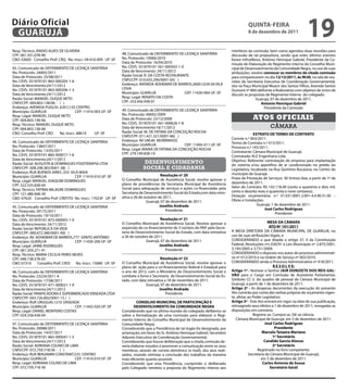 Diário Oficial
 GUARUJÁ
                                                                                                                                            qUintA-feiRA
                                                                                                                                            8 de dezembro de 2011
                                                                                                                                                                                  19
Resp. Técnico: ANISIO ALVES DE OLIVEIRA                                                                                           membros da comissão, bem como agendou duas reuniões para
CPF: 001.351.078-90                                            48. Comunicado de DEFERIMENTO DE LICENÇA SANITÁRIA                 discussão de tal propositura, sendo que estes últimos eventos
CBO: 03605 Conselho Prof: CRQ No. Inscr.: 04.410-009 UF: SP    No. Protocolo: 10060/2010                                          foram infrutíferos, Antônio Henrique Gabriel, Presidente da Co-
                                                               Data de Protocolo: 16/04/2010                                      missão de Elaboração do Regimento Interno do Conselho Muni-
43. Comunicado de DEFERIMENTO DE LICENÇA SANITÁRIA             No. CEVS: 351870101-561-000565-1-0                                 cipal de Desenvolvimento da Comunidade Negra, no uso de suas
No. Protocolo: 24005/2011                                      Data de Vencimento: 24/11/2012                                     atribuições, resolve convocar os membros da citada comissão
Data de Protocolo: 25/08/2011                                  Razão Social: R. DA COSTA RESTAURANTE                              para comparecerem no dia 12/12/2011, às 9h30, na sala de reu-
No. CEVS: 351870101-863-000205-1-6                             CNPJ/CPF: 010.655.290/0001-65( )                                   niões da Secretaria Executiva de Coordenação Governamental,
Data de Vencimento:24/11/2012                                  Endereço: AVENIDA ADHEMAR DE BARROS,2600 LOJA 04 VILA              sito no Paço Municipal Moacir dos Santos Filhos, Avenida Santos
No. CEVS: 351870101-863-000206-1-3                             LYGIA                                                              Dumont nº 800 (defronte a Rodoviária) com objetivo de único de
Data de Vencimento:24/11/2012                                  Município: GUARUJÁ                 CEP: 11430-004 UF: SP           discutir as propostas de Regimento Interno do colegiado.
Razão Social: MANOEL DUQUE NETO                                Resp. Legal: RENATO DA COSTA                                                       Guarujá, 07 de dezembro de 2011.
CNPJ/CPF: 004.803.138/06 - ( )                                 CPF: 233.456.938-01
                                                                                                                                                     Antonio Henrique Gabriel
Endereço: AVENIDA PUGLISI ,639 CJ 03 CENTRO                                                                                                            Presidente da Comissão
Município: GUARUJÁ                     CEP: 11410-003 UF: SP   49. Comunicado de DEFERIMENTO DE LICENÇA SANITÁRIA
                                                               No. Protocolo: 40692/2009
Resp. Legal: MANOEL DUQUE NETO
CPF: 004.803.138-06                                            Data de Protocolo: 23/12/2009                                                   Atos oficiAis
Resp. Técnico: MANOEL DUQUE NETO                               No. CEVS: 351870101-561-000626-1-8
CPF: 004.803.138-06                                            Data de Vencimento:16/11/2012                                                               câmara
CBO: Conselho Prof: CRO     No. Inscr.: 88619     UF: SP       Razão Social: M. DE FATIMA DA CONCEIÇÃO ROCHA
                                                                                                                                                 eXtRAtO De teRMO De COntRAtO
                                                               CNPJ/CPF: 011.421.321/0001-86( )
                                                               Endereço: AV UM,40 MORRINHOS                                       Convite n.º 003/2011.
44. Comunicado de DEFERIMENTO DE LICENÇA SANITÁRIA                                                                                Termo de Contrato n.º 013/2011.
No. Protocolo: 13847/2011                                      Município: GUARUJÁ                 CEP: 11495-011 UF: SP
                                                               Resp. Legal: MARIA DE FATIMA DA CONCEIÇÃO ROCHA                    Processo n.º 143/2011.
Data de Protocolo: 13/05/2011                                                                                                     Contratante: Câmara Municipal de Guarujá.
No. CEVS: 351870101-865-000017-1-6                             CPF: 279.199.838-19
                                                                                                                                  Contratado: KLE Engenharia Ltda.
Data de Vencimento:24/11/2012                                                                                                     Objetivo: Referente contratação de empresa para implantação
Razão Social: AUGUSTA & DOMINGUES FISIOTERAPIA LTDA                          desenvolvimento                                      do sistema e/ou aparelhos de ar condicionado no prédio do
CNPJ/CPF: 008.298.383/0001-38( )                                            social e cidadania                                    Legislativo, localizado na Rua Quintino Bocaiúva, no Centro do
Endereço: RUA BUENOS AIRES ,333 VILA MAIA                                                                                         município de Guarujá.
Município: GUARUJÁ                 CEP: 11410-010 UF: SP                               Resolução nº 20
                                                               O Conselho Municipal de Assistência Social, resolve aprovar o      Prazo de Prestação de Serviços: 30 (trinta) dias, a partir de 1º de
Resp. Legal: MANUEL JOAQUIM DOMINGUES                                                                                             dezembro de 2011.
CPF: 322.535.838-04                                            plano de providências da Secretaria Municipal de Assistência
                                                               Social para adequação de serviços e ações co-financiadas pela      Valor do Contrato: R$ 142.118,49 (cento e quarenta e dois mil,
Resp. Técnico: FATIMA MILAGRE DOMINGUES                                                                                           cento e dezoito reais e quarenta e nove centavos).
CPF: 121.486.948-39                                            Secretaria de Desenvolvimento Social do Estado,com data retro-
                                                               ativa a 26 de outubro de 2011.                                     Dotação orçamentária: n.º 01.031.0001.2.001-4.4.90.51.00 –
CBO: 07620 Conselho Prof: CREFITO No. Inscr.: 17023F UF: SP                                                                       Obras e Instalações.
                                                                              Guarujá, 07 de dezembro de 2011.
                                                                                      Joselito Andrade                                             Guarujá, 1 de dezembro de 2011.
45. Comunicado de DEFERIMENTO DE LICENÇA SANITÁRIA
                                                                                          Presidente                                                    José Carlos Rodriguez
No. Protocolo: 30175/2011
                                                                                                                                                              Presidente
Data de Protocolo: 19/10/2011
No. CEVS: 351870101-872-000003-1-0                                                    Resolução nº 21
                                                               O Conselho Municipal de Assistência Social, Resolve aprovar a                             MeSA DA CÂMARA
Data de Vencimento: 24/11/2012
                                                               expansão do co-financiamento de 3 núcleos do PAIF pela Secre-                              AtO nº 101/2011
Razão Social: REPÚBLICA DA VIDA
CNPJ/CPF: 000.672.380/0001-00( )                               taria de Desenvolvimento Social do Estado, com data retroativa     A MESA DIRETORA DA CÂMARA MUNICIPAL DE GUARUJÁ, no
Endereço: AV. ADHEMAR DE BARROS,777 SANTO ANTÔNIO              a 26 de outubro de 2011.                                           uso de suas atribuições legais, e
Município: GUARUJÁ                  CEP: 11430-200 UF: SP                    Guarujá, 07 de dezembro de 2011.                     CONSIDERANDO o que dispõe o artigo 37, II da Constituição
Resp. Legal: JAIME RODRIGUES                                                         Joselito Andrade                             Federal, Resoluções nºs 030/91 e Leis Municipais nº 2.875/2001,
CPF: 061.359.271-91                                                                      Presidente                               3.195/2005 e 3.731/2009;
Resp. Técnico: MARIA CECILIA PERES NEVES                                                                                          CONSIDERANDO o disposto nos autos do processo administrati-
CPF: 048.738.578-05                                                                    Resolução nº 22                            vo nº 012/2010 e na Ordem de Serviço nº 002/2010.
CBO: 07310 Conselho Prof: CRSS No. Inscr.: 15890 UF: SP        O Conselho Municipal de Assistência Social, resolve aprovar o      CONSIDERANDO ainda o Processo Administrativo nº 418/2011.
                                                               plano de ação para o co-financiamento federal e Estadual para                                 R e S O L V e:
46. Comunicado de DEFERIMENTO DE LICENÇA SANITÁRIA             o ano de 2012, com o Ministério do Desenvolvimento Social e        Artigo 1º - Nomear o Senhor JAiR DOniZete DOS ReiS GAL-
No. Protocolo: 23224/2011 A                                    combate a fome e Secretaria de Desenvolvimento Social do Es-       VÃO para o Cargo em Comissão de Assistente Parlamentar,
Data de Protocolo: 17/08/2011                                  tado, com data retroativa a 18 de novembro de 2011.                Símbolo CC-3, do quadro de pessoal da Câmara Municipal de
No. CEVS: 351870101-471-000021-1-9                                           Guarujá, 07 de dezembro de 2011.                     Guarujá, a partir de 1 de dezembro de 2011.
Data de Vencimento:24/11/2012                                                         Joselito Andrade                            Artigo 2º - As despesas decorrentes da execução do presente
Razão Social: PANIFICADORA E SUPERMERCADO ENSEADA LTDA                                    Presidente                              Ato correrão por conta das verbas próprias do orçamento vigen-
CNPJ/CPF: 043.726.892/0001-15 ( )                                                                                                 te, afetas ao Poder Legislativo.
Endereço: RUA URUGUAI,1210 ENSEADA                                      COnSeLHO MUniCiPAL De PARtiCiPAÇÃO e                      Artigo 3º - Este Ato entrará em vigor na data de sua publicação,
Município: GUARUJÁ                 CEP: 11442-020 UF: SP               DeSenVOLViMentO DA COMUniDADe neGRA                        retroagindo seus efeitos a 1 de dezembro de 2011, revogadas as
Resp. Legal: DANIEL MONTERO COSTAS                             Considerando que na última reunião do colegiado deliberou-se       disposições em contrário.
CPF: 024.358.458-04                                            sobre a formalização de uma comissão para elaborar o Regi-                       Registre-se. Cumpra-se. Dê-se ciência.
                                                               mento Interno do Conselho Municipal de Desenvolvimento da             Câmara Municipal de Guarujá, em 5 de dezembro de 2011.
47. Comunicado de DEFERIMENTO DE LICENÇA SANITÁRIA             Comunidade Negra;                                                                       José Carlos Rodriguez
No. Protocolo: 20088/2011                                      Considerando que a Presidência de tal órgão foi designada, por                                 Presidente
Data de Protocolo: 14/07/2011                                  aclamação, em favor do Sr. Antônio Henrique Gabriel, Secretário                       Marcelo teixeira Mariano
No. CEVS: 351870101-865-000047-1-5                             Adjunto Executivo de Coordenação Governamental;                                               1º Secretário
Data de Vencimento:24/11/2012                                  Considerando que houve deliberação que a citada comissão de-                            Candido Garcia Alonso
Razão Social: ADRIANA COLINO DE LIMA                           veria elaborar estudos e promover a comunicação entre os seus                                 2º Secretário
CNPJ/CPF: 072.759.718/36 - ( )                                 membros, através de correio eletrônico (e-mail), dos atos reali-                    Registrado no livro competente.
Endereço: RUA BENJAMIN CONSTANT,533 CENTRO                     zados, visando otimizar a conclusão dos trabalhos da maneira                  Secretaria da Câmara Municipal de Guarujá,
Município: GUARUJÁ                 CEP: 11410-010 UF: SP       mais eficiente quanto possível;                                                       em 5 de dezembro de 2011.
Resp. Legal: ADRIANA COLINO DE LIMA                            Considerando que esta Presidência, cumprindo o deliberado                              Carlos Antonio de Sousa
CPF: 072.759.718-36                                            pelo Colegiado remeteu a proposta do Regimento Interno aos                                 Secretário Geral
 