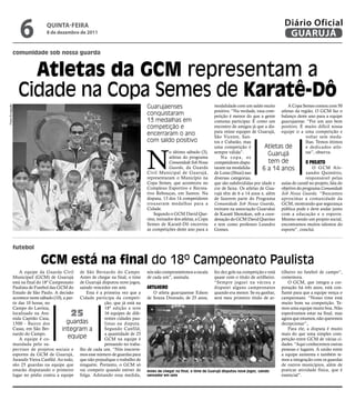 6             qUintA-feiRA
                                    8 de dezembro de 2011
                                                                                                                                                                    Diário Oficial
                                                                                                                                                                     GUARUJÁ
                   comunidade sob nossa guarda


                       Atletas da GCM representam a
                     Cidade na Copa Semes de Karatê-Dô
                                                                                        Guarujaenses                           modalidade com um saldo muito        A Copa Semes contou com 50
Fotos Divulgação




                                                                                                                               positivo. “Na verdade, essa com- atletas da região. O GCM faz o
                                                                                        conquistaram                           petição é menor do que a gente balanço deste ano para a equipe
                                                                                        13 medalhas em                         costuma participar. É como um guarujaense. “Foi um ano bem
                                                                                        competição e                           encontro de amigos já que a dis- positivo. É muito difícil nossa
                                                                                                                               puta reúne equipes de Guarujá, equipe ir a uma competição e
                                                                                        encerraram o ano                       São Vicente, San-                              voltar sem meda-
                                                                                        com saldo positivo                     tos e Cubatão, mas                             lhas. Temos ótimos
                                                                                                                                                          Atletas de


                                                                                        N
                                                                                                                               uma competição é                               e dedicados atle-
                                                                                                     o último sábado (3),      sempre válida”.              Guarujá           tas”, observa.
                                                                                                     atletas do programa           Na copa, os
                                                                                                     Comunidade Sob Nossa      competidores dispu-          tem de            O PrOjetO
                                                                                                     Guarda, da Guarda         taram na modalida-        6 a 14 anos             O GCM Ale-
                                                                                        Civil Municipal de Guarujá,            de Lutas (Shiai) nas                           xandre Quintério,
                                                                                        representaram o Município na           diversas categorias,                           responsável pelas
                                                                                        Copa Semes, que aconteceu no           que são subdivididas por idade e aulas de caratê no projeto, fala do
                                                                                        Complexo Esportivo e Recrea-           cor de faixa. Os atletas de Gua- objetivo do programa Comunidade
                                                                                        tivo Rebouças, em Santos. Na           rujá têm de 6 a 14 anos e, além Sob Nossa Guarda. “Buscamos
                                                                                        disputa, 13 dos 14 competidores        de fazerem parte do Programa aproximar a comunidade da
                                                                                        trouxeram medalhas para a              Comunidade Sob Nossa Guarda, GCM, mostrando que segurança
                                                                                        Cidade.                                treinam na associação Guarukai pública pode e deve andar junto
                                                                                            Segundo o GCM David Que-           de Karatê Shotokan, sob a coor- com a educação e o esporte.
                                                                                        rino, treinador dos atletas, a Copa    denação do GCM David Querino Mesmo sendo um projeto social,
                                                                                        Semes de Karatê-Dô encerrou            e tem como professor Leandro encontramos muitos talentos do
                                                                                        as competições deste ano para a        Gomes.                           esporte”, concluí.



                   futebol

                                 GCM está na final do 18º Campeonato Paulista
                       A equipe da Guarda Civil de São Bernardo do Campo.               nós não comprometemos a escala         fez dez gols na competição e está   tilheiro no futebol de campo”,
                   Municipail (GCM) de Guarujá Antes de chegar na final, o time         de cada um”, assinala.                 quase com o título de artilheiro.   comemora.
                   está na final do 18º Campeonato de Guarujá disputou nove jogos,                                             “Sempre joguei na várzea e              O GCM, que integra a cor-
                   Paulista de Futebol das GCM do saindo vencedor em sete.              ArtilheirO                             disputei alguns campeonatos         poração há três anos, está con-
                   Estado de São Paulo. A decisão        Esta é a primeira vez que a       O atleta guarujaense Edson          quando era menor. Se eu ganhar,     fiante para que a equipe vença o
                   acontece neste sábado (10), a par- Cidade participa da competi-      de Souza Dourado, de 25 anos,          será meu primeiro título de ar-     campeonato. “Nosso time está
                   tir das 10 horas, no                           ção, que já está na                                                                              muito bom na competição. Te-
                   Campo do Lavínia,                              18ª edição e teve                                                                                mos uma equipe muito boa. Não
                   localizado na Ave-
                   nida Capitão Casa,
                                                25                16 equipes de dife-
                                                                  rentes cidades pau-
                                                                                                                                                                   esperávamos estar na final, mas
                                                                                                                                                                   agora que estamos, não queremos
                   1500 - Bairro dos             guardas          listas na disputa.                                                                               decepcionar”,.
                   Casas, em São Ber-         integram a          Segundo Canfild,                                                                                     Para ele, a disputa é muito
                   nardo do Campo.                                a quantidade de 25                                                                               mais do que uma simples com-
                       A equipe é co-             equipe          GCM na equipe é                                                                                  petição entre GCM de várias ci-
                   mandada pelo su-                               pensando no traba-                                                                               dades. “Aqui conhecemos outras
                   pervisor de projetos sociais e lho de cada um. “Nós inscreve-                                                                                   pessoas e lugares. A união entre
                   esportes da GCM de Guarujá, mos esse número de guardas para                                                                                     a equipe aumenta e também te-
                   Jurandir Vieira Canfild. Ao todo, que não prejudique o trabalho de                                                                              mos a integração com os guardas
                   são 25 guardas na equipe que ninguém. Portanto, o GCM só                                                                                        de outros municípios, além de
                   estarão disputando o primeiro vai competir quando estiver de         Antes de chegar na final, o time de Guarujá disputou nove jogos, saindo    praticar atividade física, que é
                   lugar no pódio contra a equipe folga. Adotando essa medida,          vencedor em sete                                                           essencial”.
 