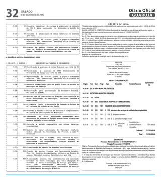 |           |        |(Isenção IPTU e Imunidade tributária) e Revisão IPTU   |
|-----------|--------|-------------------------------------------------------|
|       8.09|      30|Vistorias para fins de constatação de: propriedade, re-|




32
|           |        |sidência, enfim do que consta no local atendendo geral-|
|           |        |mente solicitações da SEJUC                            |
|-----------|--------|-------------------------------------------------------|
|       8.10|      sábado
                   30|Análise fiscal objetivando detectar falta de pagamento|
                                                                                                                                                   Diário Oficial
|
|
            |
            |
                8 de |de tributo, com apresentação de relatório (abertura de|
                     dezembro de 2012
                     |procedimento administrativo)                           |                                                                      GUARUJÁ
|-----------|--------|-------------------------------------------------------|
|       8.11|      50|Notificações emitidas para apresentação de documentos,|
|           |        |por termo                                              |
|-----------|--------|-------------------------------------------------------|                                          D E C R E T O N.º 10.132.
|       8.12|      50|Consulta cadastral do sistema e elaboração de cálculo|      “Dispõe sobre a abertura de crédito adicional suplementar, autorizada pela Lei n.º 3.904, de 05 de
|           |        |da FAI-E para manutenção ou alteração do padrão do|         dezembro de 2011.”
|           |        |imóvel                                                 |    MARIA ANTONIETA DE BRITO, Prefeita Municipal de Guarujá, no uso de suas atribuições legais; e,
|-----------|--------|-------------------------------------------------------|    Considerando o que consta no processo administrativo n.º 35463/942/2012;
|       8.13|      50|Inclusão e atualização de dados cadastrais no sistema|      DECRETA:
|           |        |(por dia)                                              |    Art. 1.º Fica aberto ao orçamento corrente, com fundamento na autorização contida no inciso I do
|-----------|--------|-------------------------------------------------------|    art. 7.º da Lei n.º 3.904, de 05 de dezembro de 2011, o crédito adicional suplementar no valor de
|       8.14|      50|Representação da Divisão junto a grupos e comissões|        R$ 1.575.000,00 (um milhão, quinhentos e setenta e cinco mil reais), conforme programação cons-
|           |        |técnicas, não remuneradas, mediante ato do Diretor ou|      tante do Anexo I deste Decreto.
|           |        |Secretário Municipal                                   |
                                                                                  Art. 2.º O crédito aberto por este Decreto será coberto com o excesso de arrecadação dos recursos
|-----------|--------|-------------------------------------------------------|
                                                                                  provenientes do Governo Federal, através do Fundo Nacional de Saúde, referentes ao Teto Munici-
|       8.15|     300|Plantão em postos fiscais por funcionários lotados,|
                                                                                  pal da Rede de Urgência para a UPA Vicente de Carvalho, no Jardim Boa Esperança, no valor de R$
|           |        |fora do horário de expediente, inclusive em finais de|
|           |        |semana, feriados e pontos facultativos, por dia        |    1.575.000,00 (um milhão, quinhentos e setenta e cinco mil reais).
|___________|________|_______________________________________________________|    Art. 3.º Este Decreto entra em vigor na data de sua publicação.
                                                                                  Registre-se e publique-se.
9 – dIVIsÃo dE RECEITas TRaNsFERIdas - sEdEC
                                                                                  Prefeitura Municipal de Guarujá, em 07 de dezembro de 2012.

                                                                                                            _______________________________________
| CÓD.ATIV. | PONTOS |           DESCRICÃO DAS TAREFAS E INCREMENTOS          |                                              PREFEITA
|===========|========|=======================================================|                                               “ORÇ”/dll
|       9.01|      50|Verificação e analises de notas fiscais, por lote de 50|                                    Registrado no Livro Competente
|-----------|--------|-------------------------------------------------------|                                      “UAE GBPRE”, em 07.12.2012
|       9.02|      50|Verificação    e    analises de CTRC (Conhecimento de|
|           |        |Transporte de Carga) por lote de 100                    |                                       Débora de Lima Lourenço
|-----------|--------|-------------------------------------------------------|                                      Pront. n.º 11.901, que o digitei
|       9.03|      50|Representação da Divisão junto a grupos e comissões|                                                      e assino
|           |        |técnicas, não remuneradas, mediante ato do Diretor ou|
|           |        |Secretário Municipal                                    |                                       ANEXO I - SUPLEMENTAÇÕES
|-----------|--------|-------------------------------------------------------|                                                                                          Suplementar
|       9.04|      75|Denúncia formalizada junto ao posto fiscal do estado no|     Órgão      Fun Sub     Progr   Ação          Descrição         Fonte de Recurso
                                                                                                                                                                             R$
|           |        |município de Guarujá                                    |
|-----------|--------|-------------------------------------------------------|    16.00.00 SECRETARIA MUNICIPAL DE SAÚDE
|       9.05|      75|Notificação para apresentação de documentos fiscais,|
|           |        |DS, GIAS ou DIPAMs                                      |   16.01.00 SECRETARIA MUNICIPAL DE SAÚDE
                                                                              8
|-----------|--------|-------------------------------------------------------|
|       9.06|     100|Revisão das DS (Declaração do Simples) para controle do|
|           |        |Valor Adicionado do Município, incluindo zeradas e|         16.01.00    10 SAÚDE
|           |        |negativadas                                             |
|-----------|--------|-------------------------------------------------------|    16.01.00    10   302 ASSISTÊNCIA HOSPITALAR E AMBULATORIAL
|       9.07|     150|Diligência junto à Secretaria da Fazenda do Estado de|
|           |        |SP, situada na cidade de São Paulo                      |   16.01.00    10   302    1001 SAÚDE DE QUALIDADE PARA TODOS
|-----------|--------|-------------------------------------------------------|
|       9.08|     150|Proceder a estudo e analise da evolução e comportamento|    16.01.00    10   302    1001 2 159 estrutura dos serviços de média e alta complexidade
|           |        |do índice de participação do Município                  |
|-----------|--------|-------------------------------------------------------|     16.01.00   10    302   1001 2 159 3 despesas correntes
|       9.09|     150|Impugnação    do    valor   adicionado apresentado pela|
|           |        |Secretaria da Fazenda do Estado quando estes divergirem|     16.01.00   10    302   1001 2 159 3 1 pessoal e encargos sociais
|           |        |daquele apurado p/contribuinte                          |
|-----------|--------|-------------------------------------------------------|                                                                    transferências e
|       9.10|     150|Controle e estudo comparativo com outras receitas|                                                           aplicações
                                                                                   16.01.00   10    302   1001 2 159 3 1 90                     5 convênios federais       1.575.000,00
|           |        |transferidas                                            |                                                    diretas
|-----------|--------|-------------------------------------------------------|                                                                    vinculados
|       9.11|     200|Aumento do valor adicionado do Município conforme|                                                                                     Subtotal     1.575.000,00
|           |        |índice oficial da Secretaria da Fazenda, a cada 5%|
|           |        |acrescido                                               |                                                                                 Total     1.575.000,00
|-----------|--------|-------------------------------------------------------|
|       9.12|     200|Revisão das GIAS e DIPAMs, para controle do valor|
|           |        |adicionado     do    Município,   incluindo  zeradas   e|                                               DESPACHO
|           |        |negativadas    com enquadramento (Códigos Fiscais de|                                 Processo Administrativo nº 21450/71137/2012
|           |        |Operações e Prestações)                                 |                                      Pregão Presencial nº 95/2012
|-----------|--------|-------------------------------------------------------|
                                                                                  Objeto: Contratação de empresa especializada para realizar a busca ativa direcionada à beneficiários/
|       9.13|     200|Fiscalização de impacto de grandes contribuintes        |
|-----------|--------|-------------------------------------------------------|    demandatários do Benefício da Prestação Continuada – BPC, para inclusão/atualização no Cadastro
|       9.14|     300|Plantão em postos fiscais por funcionários lotados,|        Único de Programas Sociais para uso da Secretaria Municipal de Desenvolvimento Social e Cidadania-
|           |        |fora do horário de expediente, inclusive em finais de|      verba de convênio federal.
|           |        |semana, feriados e pontos facultativos, por dia         |   I – A vista dos elementos de convicção que instruem o processo licitatório, e considerando a decisão
|-----------|--------|-------------------------------------------------------|    do pregoeiro encarregado de conduzir e julgar o certame, declaro DESERTA a sessão pública para o
|       9.15|     400|Fiscalização externa dos contribuintes com inscrição|       objeto em epígrafe.
|           |        |estadual em outro município que tem a obrigação de|         II – Publique-se.
|           |        |informar o valor ao município de Guarujá, por rateio,|                                       Guarujá, 14 de Novembro de 2012
|           |        |tais    como      revendedores    ambulantes  autônomos,|
                                                                                                                      MARIA ANTONIETA DE BRITO
|           |        |transportadoras intermunicipais, prestadoras de serviço|
|           |        |de fornecimento de energia elétrica                     |                                                PREFEITA
|___________|________|_______________________________________________________|    ________________________________________________________________________________
 