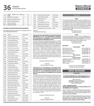 36                    sábado
                      8 de dezembro de 2012
                                                                                                                                                                       Diário Oficial
                                                                                                                                                                        GUARUJÁ

         ROSANA      ALBANO       DOS    SANTOS
12534
         ABREU
                                                   27       12    12844      Roselayne DuarteAmmirabile          Aux. Doença                                      CULTURA
11462    SANDRA LUCIO P. SILVEIRA                  25       12    12152      Sandra Regina Cavalcante            Aux. Doença

18248    SIMONE AP. ALMEIDA DOS STOS.              6        24    3623       Shirley Oliveira Vilar              Faltas                                                Edital
                                                                                                                                        A Secretaria Municipal de Cultura no uso de suas atribuições serve-
                                                                  12847      Silvia Ambrogi                      Faltas
13109    VALERIO ALVARES REBOUCAS                  8        12                                                                          se do presente edital para informar que foram encerradas no dia
                                                                  12097      Tereza Florentino de S. Leite       Aux. Doença            05 de dezembro de 2012 as inscrições para Pleiteantes do Carnaval
7891     VERA LUCIA JACINTO                        21       18
                                                                  10670      Valdilirio Rubens do Amparo         Aux. Doença            2013 , tendo somente inscrita a participação do G.R.C.S.E.S. Unidos
5839     WALQUIRIA ANTUNES                         9        24
                                                                                                                                        do Pingódromo , e que a mesma tem o compromisso de entrega
                                                                  10619      Valéria Prudente Gonçalves          Aux. Doença
                                                                                                                                        da inscrição do CNPJ ativo até o dia 10 de Dezembro de 2012 no
Sem direito ao período de férias devido afastamentos              10594      Vilma Maria de Souza F de Souza     Faltas                 horário das 9:00 às 18:00hs nesta Secretaria, para elaboração do Re-
                                                                                                                                        gulamento de Pleiteante .
Segue abaixo planilha dos servidores, com emprego pertencen-     Flávio Poli                                                                                  Elson Maceió dos Santos
te ao QUADRO DO MAGISTÉRIO:                                      Diretor de Gestão de Pessoas                                                                   Secretário de Cultura

Pront.    NOME                                    Afastamento
                                                                 COMUNICADO AOS SERVIDORES DO QUADRO DE EMPREGO                                                        Edital
16803     Adriana Fernandes Costa                 LSV            PERMANENTE DA “CLT” QUE ENCONTRAM-SE APOSENTA-                         A Secretaria Municipal de Cultura no uso de suas atribuições serve-
                                                                                                                                        se do presente edital para informar as Agremiações Habilitadas ao
12850     Alcirene Rodrigues da Silva             Aux. Doença    DOS POR INVALIDEZ E RECEBENDO SUA APOSENTADORIA
                                                                                                                                        CONCURSO DAS ESCOLAS DE SAMBA CARNAVAL 2013 , na mesma
                                                                 DO REGIME GERAL DA PREVIDENCIA SOCIAL
10445     Alice Satiko Shiguemoto                 Faltas                                                                                forma , os seus receptivos grupos de competição e status .
                                                                 A Secretaria Municipal de Administração comunica aos SERVI-
                                                                                                                                                             Elson Maceió dos Santos
16313     Ana Flavia Viana B. Araújo              Aux. Doença    DORES DO QUADRO DE EMPREGOS PERMANENTE DA CLT QUE                                             Secretário de Cultura
14524     Ana Maria Pereira Ierizzi               Aux. Doença    ENCONTRAM-SE APOSENTADOS POR INVALIDEZ E RECEBENDO
                                                                 SUA APOSENTADORIA DO REGIME GERAL DA PREVIDÊNCIA SO-                   Agremiação	                                    CNPJ
10497     Ana Paula Manso Goes                    Aux. Doença
                                                                 CIAL, que estes deverão se recadastrar junto a Diretoria de Ges-                                Grupo Especial
18092     Ana Ruth de Souza Lichtner              Aux. Doença    tão de Pessoas – ADM GP, desta Prefeitura Municipal, sito a Av.        GRES Renascer Borel	                           08312296/0001-98
                                                                 Santos Dumont, n° 640 – Bairro de Santo Antonio, Paço Raphael          ISCS Imperador da Ilha	                        08312263/0001-48
12026     Angel Mozdzenski Tangarelli             Aux. Doença
                                                                 Vitiello – térreo (sala 33), das 12:00 hs às 16:00hs às segunda,       GRES Mocidade São Miguel	                      54348933/0001-01
6561      Antonio Eduardo Santos                  LSV            terça, quinta e sexta-feira e no horário das 09:00 hs às 13:00 hs      URCSAS Vem que é 10	                           07658646/0001-34
7902      Assis Born Muniz                        Aux. Doença    às quartas-feiras, no período de 03 a 20 de dezembro de 2012,          GRES Unidos da São Jorge	                      08381058/0001-34
                                                                 sendo que o não recadastramento implicará na cessação de be-                                    Hours Concour
12105     Carla Cristina A. B. Alvarez            Aux. Doença
                                                                 nefícios a que têm direito a partir do mês de janeiro de 2013, até     GRESMocidade Amazonense	                       51683852/0001-61
12885     Carlos Augusto F Ribeiro                Faltas         que a situação seja regularizada.                                                              Grupo de Acesso
                                                                 			                                                                    Sociedade Cultural Galo da Ilha/Casa do Axé	   09282564/0001-39
6037      Carmen Silvia Correia de Souza          LSV
                                                                                                                                        GRCB. Da Visconde	                             08306479/0001-09
15864     Célia Regina G. Fugazza                 Aux. Doença
                                                                                 Guarujá, 04 de dezembro de 2012.
                                                                                                                                        GRCSES. Caminho da Paz	                        09222586/0001-03
                                                                 	
10986     Claudia da Silva M Martini              Faltas                                                                                GRCES Guarujá	                                 49186372/0001-43
                                                                                              Flavio Poli
16033     Claudia Ladvocat                        Aux. Doença                       Diretor de Gestão de Pessoas                                      Inscrições sob a responsabilidade da
12037     Claudia Monteiro Vieira                 Aux. Doença                                                                                           Secretaria de Cultura de Guarujá
                                                                 COMUNICADO AOS FUNCIONÁRIOS ESTATUTÁRIOS INATI-
12968     Cleonice de Castro Rabelo               Aux. Doença
                                                                 VOS E PENSIONISTAS DE FUNCIONÁRIOS, REGIDOS PELA LEI
12107     Cristiane da S. Vassão Barreto          Aux. Doença    MUNICIPAL Nº 1.212 DA PREFEITURA MUNICIPAL DE GUA-                                   Atos oficiais
12988     Edileuza Andrade Santos                 Aux. Doença    RUJÁ, INCLUSIVE AQUELES DETERMINADOS POR DECISÃO
                                                                 JUDICIAL.                                                                                        câmara
13182     Fabiana Paulino da Silva                LSV
                                                                 A Secretaria Municipal de Administração comunica aos funcio-
13108     Fernanda Manzione L. Morone             Aux. Doença                                                                            34ª SESSÃO ORDINÁRIA, DO 4º ANO LEGISLATIVO, DA 15ª
                                                                 nários estatutários inativos e pensionistas de funcionários regi-
                                                                                                                                         LEGISLATURA, REALIZADA EM 04 DE DEZEMBRO DE 2012.
14803     Julio Cesar Benedito Paulino            Faltas         dos pela lei municipal n° 1.212 da Prefeitura Municipal de Gua-
                                                                 rujá, inclusive aqueles determinados por decisão judicial, que                               INÍCIO: 15:40 horas.
13214     Luciana Ferro K Santana                 Aux. Doença
                                                                 deverão se recadastrar junto a Diretoria de Gestão de Pessoas                         PRESIDÊNCIA: José Carlos Rodriguez.
14875     Marcelo Severiono Neves                 Faltas         – ADM GP, desta Prefeitura Municipal, sito a Av. Santos Dumont,                      SECRETARIAS: Cândido Garcia Alonso e
                                                                                                                                                            Marcelo Teixeira Mariano.
12087     Márcia Vieira do Nascimento             Aux. Doença    n° 640 – Bairro de Santo Antonio, Paço Raphael Vitiello – térreo
                                                                 (sala 33), das 12:00 hs às 16:00hs às segunda, terça, quinta e sex-    1ª Parte – Expediente da Mesa:
14878     Maria Nelida de Mello e Souza           Aux. Doença
                                                                 ta feira e no horário das 09:00 hs às 13:00 hs as quarta-feiras , no   Aprovação das Atas da 29ª, 30ª e 31ª Sessões Ordinárias, do 4º
5793      Marise de Souza Addis                   Aux. Doença    período de 03 a 20 de dezembro de 2012, sendo que o não reca-          ano legislativo, da 15ª Legislatura.
14826     Patapio da Silva Souza                  Faltas         dastramento implicará na cessação do pagamento de janeiro de
                                                                                                                                        Ofício nº 1013/2012, da Prefeitura Municipal de Guarujá, encami-
12787     Patricia Carla L Zitei Silva            LSV
                                                                 2013, até que a situação seja regularizada, conforme determina
                                                                                                                                        nhando o Projeto de Lei nº 115/2012, do Executivo, que “Institui o
                                                                 a Lei Municipal nº 2.664.                                              Conselho Municipal da juventude e dá outras providências”. A CO-
10612     Regina Bezerra Marques                  Faltas
                                                                 				                                                                   MISSÃO DE JUSTIÇA E REDAÇÃO.
10566     Regina Helena da Costa Benelli          Aux. Doença                    Guarujá, 04 de dezembro de 2012.
                                                                 	                                                                      Ofício nº 1030/2012, da Prefeitura Municipal de Guarujá, encaminhan-
8321      Rosa de Oliveira                        Aux. Doença                                                                           do o Projeto de Lei nº 116/2012, do Executivo, que “Aprova o Plano
                                                                                              Flavio Poli
15894     Rosana Baltazar Almeida                 Aux. Doença                                                                           Municipal de Gestão Integrada de Resíduos Sólidos - PMGIRS”. ÀS CO-
                                                                                    Diretor de Gestão de Pessoas                        MISSÕES DE JUSTIÇA E REDAÇÃO e de MEIO AMBIENTE.
10568     Rosangela dos Santos                    Aux. Doença
 