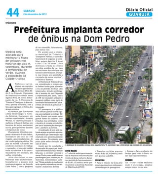 44                  SÁBADO
                     8 de dezembro de 2012
                                                                                                                                                               Diário Oficial
                                                                                                                                                                GUARUJÁ
trânsito


          Prefeitura implanta corredor
             de ônibus na Dom Pedro




                                                                                                                                                                                                      Pedro Rezende
                                    de ser estendido, futuramente,
                                    para outras vias.
Medida será                             De acordo com a direto-
adotada para                        ra municipal de Trânsito e
                                    Transporte Público, o corredor
melhorar o fluxo                    funcionará de segunda a sexta-
de veículos nos                     feira, sempre das 6 às 9 horas
horários de pico e,                 e das 17 às 20 horas. “Será
                                    destinada à faixa da direita
sobretudo, durante                  nos dois sentidos da via, para
a temporada de                      uso exclusivo dos coletivos nos
verão, quando                       horários determinados. Duran-
                                    te esse tempo será proibida a
a população da                      circulação de outros veículos”,
Cidade triplica                     enfatizou a diretora.




A
                                        A Diretoria de Trânsito levou
            Prefeitura vai im-      em consideração o tempo que
            plantar um corredor     os ônibus levam para percorrer
            exclusivo para ônibus   a via no período de férias (alta
            na Avenida Dom Pe-      temporada), feriados prolonga-
dro I, na Enseada. O processo       dos e horários de pico. Segundo
de implantação começa nesta         a responsável pela pasta, cerca
segunda-feira, 10, com a demar-     de 100 mil munícipes utilizam o
cação da via. A Diretoria de        transporte público como meio de
Trânsito é Transporte já determi-   locomoção diariamente na Cidade.
nou a pintura horizontal, com a     Destes, um terço é de gratuidade e
faixa que segregará os ônibus dos   integração.
demais veículos.                        “O passageiro é o público
    O corredor, que ficará entre    mais afetado quando ocorre algu-
a Rua Silvio Daige e a Aveni-       ma anormalidade no tráfego. Ele
da Atlântica, funcionará, em        acaba ficando um tempo muito
caráter experimental, durante       grande dentro do coletivo. Iisso
90 dias. O objetivo principal é     prejudica suas atividades, como
melhorar o fluxo de ônibus, nos     o horário de entrada no trabalho,
horários de maior movimento         por isso a implantação desse pro-
na via, principalmente durante      jeto”, justificou a diretora.
a temporada de verão.                   A sinalização de solo será rea-
    Diariamente 60 ônibus cum-      lizada sempre no período noturno.
prem o itinerário de oito linhas,   A previsão é que a intervenção seja
realizando um total de 750          concluída em aproximadamente
viagens, aproximadamente, de        uma semana. No entanto, esse
ida e volta pela via pública. No    prazo pode sofrer alteração em
pico da manhã e da tarde, em        caso de chuva.
                                                                           A sinalização da via pública começa nesta segunda-feira, 10; a previsão é que a intervenção seja concluída em uma semana
condições normais de tráfego            Assim que for concluída a
e operação, o intervalo médio       demarcação do espaço por sinali-
entre os coletivos é de aproxi-     zação horizontal (faixas) e vertical   EVITE MULTAS                             • Transitar na faixa acarreta             • Acessar a faixa exclusiva do
madamente três minutos, em          (placas), o corredor começa a          • O valor da multa para motoris-         multa de R$ 53,20 (média), mais           ônibus para virar à direita ou
ambos os sentidos.                  operar. Porém, antes será feita uma    tas de veículos estacionados no          três pontos na CNH.                       sair das vias transversais.
    Além dos ônibus, as am-         panfletagem para orientação de         trecho da faixa exclusiva duran-
bulâncias terão exclusividade.      motoristas, motociclistas e ciclis-    te o período de funcionamento é          PERMITIDO                                 CUIDADO
Inicialmente, o projeto será        tas. "Nesse período, os condutores     de R$ 85,13 (média) mais qua-            • Parar o veículo na faixa pelo           Ao cruzar a faixa exclusiva
implantado apenas na Avenida        serão apenas orientados e não au-      tro pontos na Carteira Nacional          tempo necessário ao embarque e            onde é seccionada, sinalize
Dom Pedro I, com a proposta         tuados", esclareceu a diretora.        de Habilitação(CNH)                      desembarque de passageiros.               sempre com a luz da seta.
 