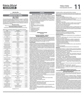 Odair Dias Filho
Secretário Municipal de Cultura
ADVOCACIA GERAL
AGM – PROCON
EDITAL 19/2015
Os consumidores abaixo relacionados deverão comparecer ao PROCON,
localizado na Avenida Adhemar de Barros, nº 218/222 – Jardim Santo
Antonio/Guarujá/SP, das 09:00 Hrs. ás 17:00 hrs, no prazo de 03 (três)
dias úteis a contar desta puplicação, para dar andamento nos respectivos
procedimentos. O não atendimento no prazo estipulado acarretará no
arquivamento dos mesmos.
Alexandre Cardoso
Diretor de Serviços de Proteção dos Direitos do Consumidor.
Paulo Sérgio de Oliveira Cavalcante
Coordenador de Serviços de Proteção dos Direitos do Consumidor.
Relação dos consumidores indisponíveis, inexistentes e incorretos:
Nome Fornecedor Cip
Adeloildes Batista Ferreira Qbex Computadores S/A 2950/15
Adriano De Aguiar Santos Vivo 3110/15
Alef De Luna Ferreira Oi Móvel S/A 3101/15
Ana Maria Pereira De Brito Lg Eletronics 3240/15
Ana Paula S Soares Pernambucanas Financiadora S/A Credi 2983/15
Antenor Nascimento De
Souza
Tv Itapema 3213/15
Antonio Carlos Cavalcante Oi Móvel S/A 3184/15
Caio De Brito Rocha Bradesco 2996/15
Cícera Santos De Lima Garantech 3155/15
Daniel Pantozzi Vivo 3143/15
Daniel Pantozzi Nova Pontocom Comércio Eletronico S.A 3079/15
Donizete Bispo Pereira
Embratel Empresa Brasileira De Telecomuni-
cações S/A
3187/15
Edda Chiavarini De Maio Bradesco 2594/15
Edmilson Cavalcante Bradesco 3136/15
Edmundo Dos Santos Electrolux 3151/15
Estela Francisca De Oliveira Vivo S/A 3221/15
Evelyn Santos Izidoria Oi S/A 2681/15
Fernando Severino Da Silva
Junior
Mtec-Tecnologias 3194/15
Fuad Ferreira Junior Vivo 2581/15
Fuad Ferreira Junior Rheem Do Brasil 2580/15
Giselma Calvo De Jesus Vivax S.A 3196/15
Helio Da Silva Juca Sony Brasil Ltda. 3132/15
João Paulo Carvalho De
Aguiar
Shop Fácil 3217/15
José Damacena Dos Santos
Filho
Lg 3161/15
Josiane De Oliveira Borges
Embratel Empresa Brasileira De Telecomuni-
cações S/A
3234/15
Leandro de Jesus Farias Serralharia Prata 3260/15
Lenira Rodrigues De Lima
Santos
Ebazar.Com.Br.Ltda 3178/15
Liliam Maria Bradesco 3102/15
Luiz Carlos Eliseu De Matos Motorola 3171/15
Maria De Lourdes Ribeiro Terra Nova Promoção E Participação Ltda. 3179/15
Maria José De Menezes
Embratel Empresa Brasileira De Telecomuni-
cações S/A
3174/15
Mariana Maria Araujo Dos
Santos
Motorola 3153/15
Marilda Pereira De Macedo
Embratel Empresa Brasileira De Telecomuni-
cações S/A
2679/15
Marta Lucia Aziz Pereira De
Araujo
Embratel Empresa Brasileira De Telecomuni-
cações S/A
3223/15
Naide De Matos Correia Cpfl 3177/15
Nilton Cesar Salomão Brasil Treina 3252/15
Ozineide Gomes De Lima Navicity 2663/15
Paulo Oliveira Da Rocha Sky Brasil Servços S/A 3237/15
Priscila Cristina Lima Gon-
çalves
Mc Donald's 2574/15
Roberto Dos Reis
A Virada Colchões Magnéticos Purificador De
Água.
2638/15
Ronald Guades Vaz Bonetti Philco Eletronicos S.A 3191/15
Rosineide Alves Dos Santos
Machado
Oi Móvel S/A 3145/15
Severino Ramos Da Silva Banco Santander 3152/15
Sidnei Caetano General Eletronic Do Brasil Ltda. 3175/15
Teonilio Rodrigues Dos
Santos
Ana Lucia Bezerra Silva - Me 3166/15
Thais Fernandes Bezerra Santander 2578/15
Tiago Heldo Pitombeira Sabesp 3123/15
Uriel Martins Corrêa Casas Bahia Via Varejo S/A 3209/15
Vagner Bispo Santos Casas Bahia/Ponto Frio 3186/15
Valdiliro Rubens Do Amparo Sky Brasil Serviços S/A 3239/15
Guarujá, 07/12/15
SAÚDE
Edital de Convocação Nº. 15/15 – Reunião ORDINÁRIA
O Conselho Municipal de Saúde, disposto pela Lei Federal nº. 8.142/90
nos termos da Lei Municipal nº. 3848, de 09 de setembro de 2010, no
uso de suas atribuições legais, convoca todos os conselheiros, suplentes
e população em geral, para Reunião ORDINÁRIA a ser realizada no dia
10 de dezembro de 2015, na sede deste Conselho, sito a Av. Leomil n°
518, – Centro, às dezesseis horas, para deliberar sobre a seguinte pauta:
I – Renuncia da Presidência do Conselho;
II – Aprovação da Ata Anterior;
III – Informes dos Conselheiros;
IV – Zoonose;
V – Documento da Conferência Estadual;
VI – Termos Aditivos 02/14, 02/10 e 03/10;
VII – CISTT;
VIII – Veículo para o Conselho;
IX – Hospital Santo Amaro;
X – Planejamento para 2016;
XI – Sugestões de Pauta;
XII – Encerramento.
ODEMIR BATISTA DA SILVA
Presidente
VIGILÂNCIA SANITÁRIA - GUARUJÁ
INFORME TÉCNICO Nº 001/2015
Orientação específica para FUNCIONAMENTO do COMÉRCIO de LENTES
de GRAU, ATUAÇÃO do OPTOMETRISTA e CAMPANHAS DE SAÚDEVISUAL,
com base na legislação vigente. O descumprimento às regras dispostas a
seguir, constitui infração sanitária e está sujeito às penalidades previstas
no Código Sanitário Estadual, em seus artigos 110 a 122.
Funcionamento
• Licença inicial: antes de iniciar as atividades, o estabelecimento deverá
solicitar, junto ao Protocolo Geral da Prefeitura, a licença de funcionamento
daVigilânciaSanitáriaeaaberturadoLivrodeRegistrodasReceitasAviadas.
• Licença sanitária: documento emitido pela Vigilância Sanitária após
vistoria realizada por autoridade sanitária. Deve ser afixada em quadro
próprio, em local bem visível ao público e renovada anualmente, antes
do término da validade.
• Solicitação de licença sanitária deve vir instruída dos seguintes documen-
tos: cópia de documentos que atestem a capacidade legal para exercício
de atividades técnicas dos recursos humanos, dos contratos de serviços
terceirizados, do contrato social registrado na JUCESP e do Cadastro Na-
cional de Pessoas Jurídicas – CNPJ, além do formulário Informações em
Vigilância Sanitária constante do anexo XI da Portaria CVS-4/2011, cujas
instruções de preenchimento estão detalhadas no anexo XII da mesma
Portaria. Para o responsável técnico não-sócio/proprietário, acrescentar
cópia de contrato de trabalho explicitando esta atividade.
• Responsável Técnico: presença obrigatória durante todo o horário de
funcionamento do estabelecimento. É permitido manter responsável
técnico substituto para suprir impedimento ou ausência do titular. Pro-
fissionais habilitados: ótico e optometrista.
• Capacidade legal para exercício das atividades técnicas: comprovada
através de diploma ou certificado na área de ótica/optometria expedido
por estabelecimento de ensino que funcione oficialmente de acordo
com as normas legais e regulamentares vigentes no País ou em órgãos
competentes previstos na legislação básica de ensino. Dependendo
da atividade, poderá ser requisitada a grade curricular para constatar a
formação em atividade específica (ex: lentes de contato).
•LivrodeRegistroDiáriodasReceitasAviadas:serárubricadopelaVigilância
Sanitária antes do início das atividades ou para abertura de novo livro.
Deve permanecer no estabelecimento e ser apresentado à autoridade
sanitária sempre que solicitado. Registra a transcrição de cada receita
médica aviada, a substituição de responsabilidade técnica e a assinatura
diária do Responsável Técnico ou seu substituto.
• Lentes confeccionadas em outro local: o contrato do serviço terceirizado
deve ser mantido no estabelecimento.
• Permitido no comércio de lentes de grau:
• Substituir lentes danificadas de grau idêntico sem receita médica
• Vender vidros protetores sem grau
• Executar consertos nas armações das lentes
• Substituir armações
• Aviar receitas óticas emitidas por médicos, registrando a fórmula ótica
no Livro de Registro Diário das Receitas aviadas
• Não permitido no comércio de lentes de grau:
• Aviar receitas óticas emitidas por optometristas ou quaisquer profis-
sionais não-médicos
• Adaptar, escolher, indicar ou aconselhar o uso de lentes de grau
• Manter consultório nas dependências do estabelecimento ou servir de
acesso a consultórios
• Indicar médico
• Distribuir cartões ou vales que dêem direito a consultas
• Manter câmara escura, aparelhos próprios para exame dos olhos ou car-
tazes e anúncios com oferecimento de exame da vista no estabelecimento.
Optometristas
• Atividades permitidas:
• Exercer a responsabilidade técnica em óticas
• Desenvolver as atividades previstas na Portaria-MTE- 397/02, que não
extrapolam a previsão legal, em estabelecimento próprio
• Desenvolver somente as atividades de ótico no Comércio Varejista de
Artigos Óticos
• Atividades não permitidas:
• Diagnosticar e tratar doenças relativas ao globo ocular, sob qualquer
forma – exames, consultas e prescrições de óculos e lentes de grau
• Decisão do Superior Tribunal de Justiça:
• Reconhece do curso de optometrista
• Restringe o exercício das atividades indicadas no Código Brasileiro de
Ocupações, Portaria 397/02 do Ministério do Trabalho e Emprego, per-
mitindo somente as atividades que não contrariem os Decretos Federais
20.931/32 e 24.492/34
Campanhas de Saúde Visual
• Campanhas de saúde devem ter aprovação prévia daVigilância Sanitária
• Exames de vista devem ser realizados por médicos
• Não pode haver vinculação da campanha com óticas
Infrações sanitárias
Serão punidas, alternativa ou cumulativamente com as penalidades de:
. Advertência
. Multa de 10 a 10.000 vezes o valor nominal da Unidade Fiscal vigente
do Estado de São Paulo (UFESP)
. Apreensão de produtos, equipamentos, utensílios e equipamentos
. Interdição de produtos, equipamentos, utensílios e equipamentos
. Inutilização de produtos, equipamentos, utensílios e equipamentos
. Suspensão de vendas de produto
. Suspensão de fabricação de produto
. Interdição parcial ou total do estabelecimento, seções, dependências
e veículos
. Proibição de propaganda
. Cancelamento da licença de funcionamento do estabelecimento
Referência
• Decreto Federal 20.931/32 – Regula e fiscaliza o exercício da medicina,
da odontologia, da medicina veterinária e das profissões de optometrista,
farmacêutico, parteira e enfermeira no Brasil
• Decreto Federal 24.492/34 – Instruções sobre o Decreto 20.931/32 na
parte relativa à venda de lentes de grau
• Decreto Federal 77.052/76 – dispõe sobre a fiscalização sanitária das
condições de exercício de profissões e ocupações técnicas e auxiliares
relacionadas diretamente com a saúde
• Portaria 397/02 – MTE – Código Brasileiro de Ocupações
• Lei 10.083/98 – Código Sanitário do Estado de São Paulo
• Decreto Estadual 12.479/78 – Norma Técnica Especial relativa às condi-
ções de funcionamento dos estabelecimentos sob responsabilidade de
médicos, farmacêuticos, químicos e outros titulares de profissões afins
• Portaria Estadual CVS-4/11 – Dispõe sobre o sistema estadual de vigi-
lância sanitária
• Parecer e Voto do Superior Tribunal de Justiça: documentos 9282947 e
4159705 - optometria
• Parecer Cons. Nº127/06-PROC/ANVISA/MS - optometria
• Resolução CFM-1965/11 - Dispõe sobre a indicação, a adaptação e o
acompanhamento do uso de lentes de contato, e considera-os como
atos médicos exclusivos.
 
Informe Técnico Vigilância Sanitaria 2015.
APLICAÇÃO DAS NORMAS VIGENTES PARA ADEQUAÇÃO DA VEN-
DA DE GELO NO MUNICIPIO.
Considerando o previsto no Art. 23, VIII " in fine " da CF/88,´que é com-
petência da União, Estados, Distrito Federal e Municipios, organizar o
abastecimento alimentar;
Considerando o previsto no livro XI - Alimentos, Titulos I - Disposições
Gerais, Art. 375 do Decreto Estadual 12.342/78, que a defesa e a proteção
da saúde individual e coletiva, no tocante a alimentos, desde a sua origem
até seu consumo será disciplinada pelas disposições deste regulamento
e de suas normas técnicas especiais;
ConsiderandooprevistonoartigoArt.390,IdoDecretoEstadual12.342/78
quetratadadefiniçãodealimento-todasubstanciaoumisturadesubstan-
cias no estado sólido, liquido, pastoso, ou qualquer outra forma adequada,
destinada a fornecer ao organismo humano os elementos normais à sua
formação, manutenção e desenvolvimento, nela incluída, portanto o gelo;
Considerando o previsto no Art. 390, XV do Decreto Estadual 12.342/78,
que trata do rótulo - qualquer identificação impressa ou litografada bem
como os dizeres pintados ou gravados a fogo, por pressão ou decalcação,
aplicados sobre o recipiente, vasilhame, envoltório, cartucho ou qualquer
outro tipo de embalagem do alimento ou sobre o que acompanha o
TERÇA-FEIRA
8 de dezembro de 2015
11GUARUJÁ
Diário Oficial
 
