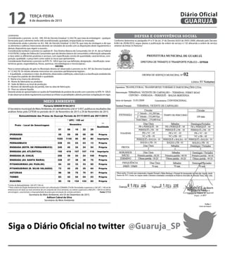 continente;
Considerando o previsto no Art. 390, XVI do Decreto Estadual 12.342/78, que trata da embalagem - qualquer
forma pela qual o alimento tenha sido acondicionado, guardado, empacotado ou envasado;
Considerando ainda o previsto no Art. 396, do Decreto Estadual 12.342/78, que trata da rotulagem e diz que
os alimentos e aditivos intencionais deverão ser rotulados de acordo com as disposições deste regulamento e
demais dispositivos que regem o assunto ;
Considerando tambem o previsto no capítulo III - Dos Direitos Básicos do Consumidor, Art. 6º, III , da Lei Federal
nº 8.078/90, Codigo de Defesa do Consumidor que são direitos básicos do consumidor a informação adequada
e clara sobre os diferentes produtos e serviços, com especificação correta de quantidade, caracteristícas, com-
posição, qualidade e preço bem como sobre os riscos que apresentem;
Considerando finalmente o previsto na NTA 74 - GELO que traz sua definição, designação, classificação, carac-
teristicas gerais, organolépticas, fisicas, quimicas, microbiológicas e microscópicas ;
DECIDE:
Para a comercialização de gelo no Municipio devera ser observado o previsto no Art. 397 do Decreto Estadual
nº 12.342/78. Os rótulos deverão mencionar em caracteres perfeitamente legíveis :
I - A qualidade, a natureza e o tipo de alimento, observados a definição, a descrição e a classificação estabelecida
no respectivo padrão de identidade e qualidade;
II - Nome e/ou marca do alimento;
III - Nome do fabricante ou produtor;
IV - Sede da fábrica ou local de produção;
V - Número de identificação da partida, lote ou data de fabricação;
VI - Peso ou volume líquido.
Deverãoainda ser apresentados osLaudosde Potabilidade doproduto deacordo com o previsto naNTA74 - GELO.
Anãoobservanciadesteregulamentoacarretaráaoinfratoraspenalidadescabíveisprevistasnalegislaçãoemvigor.
MEIO AMBIENTE
Portaria SEMAM Nº56/2015
O Secretário municipal do Meio Ambiente, em atendimento a lei nº 3.937, publica os resultados das
análises feitas pela CETESB no período de 01 de Novembro de 2015 a 29 de Novembro de 2015.
Prefeitura Municipal de Guarujá
ESTADO DE SÃO PAULO
SECRETARIA DE MEIO AMBIENTE
Portaria SEMAM Nº56/2015
O Secretário municipal do Meio Ambiente, em
atendimento a lei nº 3.937, publica os resultados das análises feitas pela CETESB no período de 01
de Novembro de 2015 a 29 de Novembro de 2015.
Balneabilidade das Praias de Guarujá Período de 01/11/2015 até 29/11/2015
Praia – Local de Amostragem
* UFC / 100 ml
**
Qualidade
Novembro
01 08 15 22 29
IPORANGA 09 09 09 09 09 Própria
PEREQUÊ 1020 1140 80 80 80 Imprópria
PERNAMBUCO 228 03 03 03 13 Própria
ENSEADA (ESTR. DE PERNAMBUCO) 240 45 24 24 54 Própria
ENSEADA (AV. ATLÂNTICA) 192 416 107 107 110 Imprópria
ENSEADA (R. CHILE) 256 39 24 24 100 Própria
ENSEADA (AV. SANTA MARIA) 328 37 38 38 75 Própria
PITANGUEIRAS (AV. PUGLISI) 64 22 33 33 92 Própria
PITANGUEIRAS (R. SILVA VALADÃO) 72 42 25 25 64 Própria
ASTÚRIAS 96 38 75 75 91 Própria
TOMBO 83 42 04 04 03 Própria
GUAIÚBA 80 16 124 124 82 Própria
*Limite de Balneabilidade: 100 UFC/100 ml.
**Pelo critério do Órgão Ambiental de acordo com a Resolução CONAMA 274/00: Densidades
superiores a 100 UFC / 100 ml de enterococos em duas ou mais amostras de um conjunto de cinco
semanas, ou valores superiores a 400 UFC / 100 ml na última amostragem, caracterizam a
impropriedade da praia para recreação de contato primário.
Fonte: CETESB
Secretaria do Meio Ambiente, em 03 de Dezembro de 2015.
Adílson Cabral da Silva
Secretário de Meio Ambiente
Av. Santos Dumont no
640 – 2º. Andar - Santo Antônio – Guarujá/SP - CEP 11432-440
Tel/Fax. (13) 3308.7885
e-mail: semam@guaruja.sp.gov.br
*Limite de Balneabilidade: 100 UFC/100 ml.
**Pelo critério do Órgão Ambiental de acordo com a Resolução CONAMA 274/00: Densidades superiores a 100 UFC / 100 ml de
enterococos em duas ou mais amostras de um conjunto de cinco semanas, ou valores superiores a 400 UFC / 100 ml na última
amostragem, caracterizam a impropriedade da praia para recreação de contato primário. 		 Fonte:CETESB
Secretaria do Meio Ambiente, em 03 de Dezembro de 2015.
Adílson Cabral da Silva
Secretário de Meio Ambiente
DEFESA E CONVIVÊNCIA SOCIAL
Conforme determina os parágrafos 4º e 5º do art. 2º do Decreto 8.633 de 29/01/2009, alterado pelo Decreto
8.963 de 29/06/2010, segue abaixo a publicação da ordem de serviço n.º 02 alterando a ordem de serviço
anterior da linhas 55 Noturna."
Siga o Diário Oficial no twitter @Guaruja_SP
TERÇA-FEIRA
8 de dezembro de 2015
12 GUARUJÁ
Diário Oficial
 