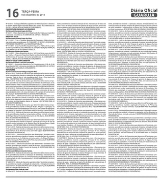 Nº 50/2015 - Outorga a Medalha Legislativa do Mérito Esportivo e Artístico
ao Jovem Nathan Vigari Dourado Ribeiro dos Santos. ÀS COMISSÕES DE
JUSTIÇA E REDAÇÃO e de FINANÇAS E ORÇAMENTO.
PROPOSTA DE EMENDA À LEI ORGÂNICA
Do Vereador Luciano Lopes da Silva
Nº 4/2015 - Altera dispositivos na Lei Orgânica do Município, que especifica
e dá outras providências. À COMISSÃO DE JUSTIÇA E REDAÇÃO.
PROJETOS DE LEI
Do Vereador Luciano Lopes da Silva
Nº 112/2015 - Cria o Conselho Municipal de Segurança Pública de Gua-
rujá e dá outras providências. ÀS COMISSÕES DE JUSTIÇA E REDAÇÃO,
FINANÇAS E ORÇAMENTO e de SEGURANÇA PÚBLICA.
Nº 113/2015 - Cria o Fundo Municipal de Segurança Pública de Guarujá e
dá outras providências. ÀS COMISSÕES DE JUSTIÇA E REDAÇÃO, FINANÇAS
E ORÇAMENTO e de SEGURANÇA PÚBLICA.
Do Vereador Walter dos Santos
Nº 114/2015 - Altera dispositivo da Lei nº 4.212, de 26 de março de 2015
que institui o Programa Frequência Digital nas Escolas da Rede de Ensino
no Município de Guarujá e dá outras providências. ÀS COMISSÕES DE
JUSTIÇA E REDAÇÃO e de FINANÇAS E ORÇAMENTO.
PROJETO DE LEI COMPLEMENTAR
Do Vereador Mário Lúcio da Conceição
Nº 14/2015 - Acrescenta dispositivo a Lei Complementar nº 38, de 24 de
dezembro de 1997 e dá outras providências. ÀS COMISSÕES DE JUSTIÇA
E REDAÇÃO e de FINANÇAS E ORÇAMENTO.
INDICAÇÕES
Do Vereador Antonio Fidalgo Salgado Neto
Nº 6314/2015 - Solicita do Executivo que determine à Secretaria compe-
tente, providências visando a realização de melhoria da iluminação do
chamado "Vale da Morte", nas imediações da R. Vinte e Oito, bairro Vila
Júlia. À SECRETARIA PARA AS DEVIDAS PROVIDÊNCIAS.
Nº 6315/2015 - Solicita do Executivo que determine à Secretaria compe-
tente, providências visando a realização de melhoria da iluminação, na Av.
Miguel Estefno, entre a estrada do Pernambuco e a R. Canto da Enseada,
bairro João Batista Julião. À SECRETARIA PARA AS DEVIDAS PROVIDÊNCIAS.
Nº 6316/2015 - Solicita do Executivo que determine à Secretaria compe-
tente, providências visando a limpeza, capinação e remoção de lixo, na
praça localizada entre a Av. Jesus de Castro e Av. Luciano de Castro, bairro
Vila Áurea. À SECRETARIA PARA AS DEVIDAS PROVIDÊNCIAS.
Nº 6317/2015 - Solicita do Executivo que determine à Secretaria com-
petente, providências visando a remoção de lixo, limpeza e capinação,
da Av. Paulo Matarazzo, principalmente no trecho entre a Av. Atlântica
e R. Leonor da Silva Quadros, bairro Jd. Virgínia. À SECRETARIA PARA AS
DEVIDAS PROVIDÊNCIAS.
Nº 6318/2015 - Solicita do Executivo que determine à Secretaria compe-
tente, providências visando a remoção de lixo, limpeza e capinação, no
cruzamento da Av. Paulo Matarazzo com a R. Dr. Júlio Prestes de Albuquer-
que, bairro Jd. Virgínia. À SECRETARIA PARA AS DEVIDAS PROVIDÊNCIAS.
Nº 6319/2015 - Solicita do Executivo que determine à Secretaria compe-
tente, providências visando a recuperação asfáltica, em toda extensão,
da R. Major Manoel Fernandes Neto, bairro Jd.Três Marias. À SECRETARIA
PARA AS DEVIDAS PROVIDÊNCIAS.
Nº 6320/2015 - Solicita do Executivo que determine à Secretaria compe-
tente, providências visando a limpeza, capinação e remoção de lixo do
canteiro central existente, na Av. Manoel Alves de Moraes, bairro Cidade
Atlântica. À SECRETARIA PARA AS DEVIDAS PROVIDÊNCIAS.
Nº 6321/2015 - Solicita do Executivo que determine à Secretaria compe-
tente, providências visando a realização de operação tapa buracos, em
toda extensão, da Av. Antonio Correa, bairroVila Lígia. À SECRETARIA PARA
AS DEVIDAS PROVIDÊNCIAS.
Nº 6322/2015 - Solicita do Executivo que determine à Secretaria com-
petente, providências visando a limpeza, remoção de lixo, do canteiro
central existente, na Av. Atlântica, no trecho entre a Av. Miguel Stéfano e
Av.DesembargadorPlíniodeCarvalhoPinto,bairroEnseada.ÀSECRETARIA
PARA AS DEVIDAS PROVIDÊNCIAS.
Nº 6323/2015 - Solicita do Executivo que determine à Secretaria com-
petente, providências visando a poda de árvores, no cruzamento das
avenidas Leomil e Puglisi, Centro de Guarujá. À SECRETARIA PARA AS
DEVIDAS PROVIDÊNCIAS.
Do Vereador Edmar Lima dos Santos
Nº 6284/2015 - Solicita do Executivo que determine à Secretaria compe-
tente, providências visando a realização de zeladoria e manutenção da
Academia Popular do bairro Jd. Conceiçãozinha, sito à Av. Pedro Bento da
Costa, ao lado da UPA Conceiçãozinha. À SECRETARIA PARA AS DEVIDAS
PROVIDÊNCIAS.
Nº6285/2015-SolicitadoExecutivoquedetermineàSecretariacompeten-
te, providências visando a realização de calçamento e hidrojateamento, em
toda extensão, da R. Edvaldo Pires, bairro Jd. Boa Esperança. À SECRETARIA
PARA AS DEVIDAS PROVIDÊNCIAS.
Do Vereador Elias José de Lima
Nº 6324/2015 - Solicita do Executivo que determine à Secretaria compe-
tente, providências visando a remoção de lixo, manutenção de bocas de
lobo e troca de tampas, limpeza de galerias de águas pluviais, pintura de
guias e zeladoria, em toda extensão da Av. Miguel Mussa Gaze, bairro Jd.
Helena Maria. À SECRETARIA PARA AS DEVIDAS PROVIDÊNCIAS.
Nº 6325/2015 - Solicita do Executivo que determine à Secretaria compe-
tente, providências visando a desobstrução de bueiros, limpeza, remoção
de lixo, capinação, manutenção de bocas de lobo e troca de tampas,
limpeza de galerias de águas pluviais, pintura de guias e zeladoria, em
toda extensão da R. Adelino Cardoso, bairro Sta. Rosa. À SECRETARIA PARA
AS DEVIDAS PROVIDÊNCIAS.
Nº 6326/2015 - Solicita do Executivo que determine à Secretaria compe-
tente, providências visando a desobstrução de bueiros, limpeza, remoção
de lixo, capinação, manutenção de bocas de lobo e troca de tampas,
limpeza de galerias de águas pluviais, pintura de guias e zeladoria, na R.
Pref. Domingos de Souza com a R. Francisco Antero Fontes, bairro Jd. Sta.
Maria. À SECRETARIA PARA AS DEVIDAS PROVIDÊNCIAS.
Nº 6327/2015 - Solicita do Executivo que determine à Secretaria com-
petente, providências visando a limpeza, capinação, remoção de lixo,
manutenção de bocas de lobo e troca de tampas, limpeza de galerias
de águas pluviais, pintura de guias e zeladoria, em toda extensão da Av.
Manoel da Cruz Michael, bairro Sta. Rosa. À SECRETARIA PARA AS DEVIDAS
PROVIDÊNCIAS.
Nº 6328/2015 - Solicita do Executivo que determine à Secretaria com-
petente, providências visando a limpeza de galerias de águas pluviais
e capinação, no bairro Sta. Rosa, Av. Miguel Mussa Gaze. À SECRETARIA
PARA AS DEVIDAS PROVIDÊNCIAS.
Nº 6329/2015 - Solicita do Executivo que determine à Secretaria compe-
tente, providências visando a limpeza e os serviços de zeladoria em geral,
na Av. Manoel da Cruz Michael, Jd. São Manoel. À SECRETARIA PARA AS
DEVIDAS PROVIDÊNCIAS.
Nº 6330/2015 - Solicita do Executivo que determine à Secretaria compe-
tente, providências visando a limpeza, capinação, remoção de lixo, em
toda extensão, da R. Luiz Laurindo Santana, bairro Sta. Rosa. À SECRETARIA
PARA AS DEVIDAS PROVIDÊNCIAS.
Nº6331/2015-SolicitadoExecutivoquedetermineàSecretariacompeten-
te, providências visando a limpeza, capinação, remoção de lixo e zeladoria,
no final da R. Rubens Rodrigues, bairro Sta. Rosa III. À SECRETARIA PARA
AS DEVIDAS PROVIDÊNCIAS.
Nº 6332/2015 - Solicita do Executivo que determine à Secretaria compe-
tente, providências visando a capinação, limpeza de galerias de águas
pluviais, pintura de guias e zeladoria, no bairro Vila Lígia, em toda sua
extensão. À SECRETARIA PARA AS DEVIDAS PROVIDÊNCIAS.
Nº 6333/2015 - Solicita do Executivo que determine à Secretaria com-
petente, providências visando a poda de árvores, limpeza, capinação,
manutenção do playground e os serviços de zeladoria, em toda extensão
da Praça Gumercindo Patrício da Luz, bairro Sta. Rosa. À SECRETARIA PARA
AS DEVIDAS PROVIDÊNCIAS.
Nº 6334/2015 - Solicita do Executivo que determine à Secretaria com-
petente, providências visando a instalação de postes de iluminação,
poda de árvores, limpeza, capinação e os serviços de zeladoria, em toda
extensão, da praça situada na R. Benedito Boaventura, bairro Sta. Rosa III.
À SECRETARIA PARA AS DEVIDAS PROVIDÊNCIAS.
Nº 6335/2015 - Solicita do Executivo que determine à Secretaria com-
petente, providências visando a poda de árvores, limpeza, capinação
e os serviços de zeladoria, em toda extensão, da praça situada entre as
ruas Brasilina Desidério e R. Povoa de Varzin, bairro Jd. dos Pássaros. À
SECRETARIA PARA AS DEVIDAS PROVIDÊNCIAS.
Nº 6336/2015 - Solicita do Executivo que determine à Secretaria com-
petente, providências visando a capinação, remoção de lixo, limpeza,
manutenção de bocas de lobo, limpeza de galerias de águas pluviais,
pintura de guias e zeladoria, em toda extensão, do bairro Morrinhos II. À
SECRETARIA PARA AS DEVIDAS PROVIDÊNCIAS.
Nº 6337/2015 - Solicita do Executivo que determine à Secretaria com-
petente, providências visando a capinação, remoção de lixo, limpeza,
manutenção de bocas de lobo, limpeza de galerias de águas pluviais,
pintura de guias e zeladoria, no bairro Morrinhos III, em toda extensão.
À SECRETARIA PARA AS DEVIDAS PROVIDÊNCIAS.
Nº 6338/2015 - Solicita do Executivo que determine à Secretaria com-
petente, providências visando a capinação, limpeza, remoção de lixo,
manutenção de bocas de lobo, limpeza de galerias de águas pluviais,
pintura de guias e zeladoria, no bairro Perequê, em toda extensão. À
SECRETARIA PARA AS DEVIDAS PROVIDÊNCIAS.
Nº 6339/2015 - Solicita do Executivo que determine à Secretaria com-
petente, providências visando a capinação, limpeza, remoção de lixo,
manutenção de bocas de lobo, limpeza de galerias de águas pluviais,
pintura de guias e zeladoria, no bairro Rio do Meio, em toda extensão. À
SECRETARIA PARA AS DEVIDAS PROVIDÊNCIAS.
Nº6340/2015-SolicitadoExecutivoquedetermineàSecretariacompeten-
te, providências visando a realização de um Mutirão de Limpeza, no bairro
Sta.CruzdosNavegantes.ÀSECRETARIAPARAASDEVIDASPROVIDÊNCIAS.
Nº 6341/2015 - Solicita do Executivo que determine à Secretaria compe-
tente, providências visando a capinação, limpeza, remoção de lixo, ma-
nutenção de bocas de lobo, limpeza de galerias de águas pluviais, pintura
de guias, zeladoria e infraestrutura, no bairro Sta. Cruz dos Navegantes,
em toda sua extensão. À SECRETARIA PARA AS DEVIDAS PROVIDÊNCIAS.
Nº 6342/2015 - Solicita do Executivo que determine à Secretaria com-
petente, providências visando a capinação, limpeza, remoção de lixo,
manutenção de bocas de lobo, limpeza de galerias de águas pluviais,
pintura de guias e zeladoria, no bairro Sta. Rosa I, em toda sua extensão.
À SECRETARIA PARA AS DEVIDAS PROVIDÊNCIAS.
Nº 6343/2015 - Solicita do Executivo que determine à Secretaria com-
petente, providências visando a capinação, limpeza, remoção de lixo,
manutenção de bocas de lobo, limpeza de galerias de águas pluviais,
pintura de guias e zeladoria, no bairro Sto. Antonio, em toda sua extensão.
À SECRETARIA PARA AS DEVIDAS PROVIDÊNCIAS.
Nº 6344/2015 - Solicita do Executivo que determine à Secretaria com-
petente, providências visando a realização de um mutirão de limpeza,
infraestrutura e zeladoria, em toda extensão, do bairro Sítio Outeiro. À
SECRETARIA PARA AS DEVIDAS PROVIDÊNCIAS.
Nº 6345/2015 - Solicita do Executivo que determine à Secretaria com-
petente, providências visando a capinação, limpeza, remoção de lixo,
manutenção de bocas de lobo, limpeza de galerias de águas pluviais,
pintura de guias e zeladoria, no bairro Vila Júlia, em toda extensão. À
SECRETARIA PARA AS DEVIDAS PROVIDÊNCIAS.
Nº 6346/2015 - Solicita do Executivo que determine à Secretaria com-
petente, providências visando a capinação, limpeza, remoção de lixo,
manutenção de bocas de lobo, limpeza de galerias de águas pluviais,
pintura de guias e zeladoria, no bairro Vila Selma, em toda extensão. À
SECRETARIA PARA AS DEVIDAS PROVIDÊNCIAS.
Nº 6347/2015 - Solicita do Executivo que determine à Secretaria com-
petente, providências visando a capinação, limpeza, remoção de lixo,
manutenção de bocas de lobo, limpeza de galerias de águas pluviais,
pintura de guias e zeladoria, no bairro Vila Zilda, em toda extensão. À
SECRETARIA PARA AS DEVIDAS PROVIDÊNCIAS.
Nº 6348/2015 - Solicita do Executivo que determine à Secretaria compe-
tente, providências visando a realização de estudos para a implantação
de uma linha em caráter experimental, nos bairros Jd. Primavera e Sto.
Antonio, que contemple os usuários do Conjunto Habitacional Wilson
Sório e do Mangue Seco. À SECRETARIA PARA AS DEVIDAS PROVIDÊNCIAS.
Nº 6349/2015 - Solicita do Executivo que determine à Secretaria com-
petente, providências visando a entrega de correspondências por parte
dos Correios, no bairro Jd. Primavera, nas travessas que interligam a Av.
das Acácias e a R. dos Miosótis, em toda extensão. À SECRETARIA PARA
AS DEVIDAS PROVIDÊNCIAS.
Nº 6350/2015 - Solicita do Executivo que determine à Secretaria com-
petente, providências visando a capinação e limpeza, no Jd. Primavera,
na Av. das Acácias, em toda extensão. À SECRETARIA PARA AS DEVIDAS
PROVIDÊNCIAS.
Nº 6351/2015 - Solicita do Executivo que determine à Secretaria compe-
tente, providências visando a limpeza e capinação, no Sto. Antonio, na
Alameda das Palmas, em toda extensão. À SECRETARIA PARA AS DEVIDAS
PROVIDÊNCIAS.
Nº 6352/2015 - Solicita do Executivo que determine à Secretaria compe-
tente, providências visando a realização de Operação Tapa Buracos, na
Alameda das Palmas, em toda extensão, bairro Sto. Antonio. À SECRETARIA
PARA AS DEVIDAS PROVIDÊNCIAS.
Nº 6353/2015 - Solicita do Executivo que determine à Secretaria com-
petente, providências visando a capinação, limpeza, remoção de lixo,
manutenção de bocas de lobo, limpeza de galerias de águas pluviais,
pintura de guias, troca de guias e sarjetas, zeladoria e infraestrutura, no
bairro Cachoeira, em toda extensão. À SECRETARIA PARA AS DEVIDAS
PROVIDÊNCIAS.
Nº 6354/2015 - Solicita do Executivo que determine à Secretaria com-
petente, providências visando a capinação, limpeza, remoção de lixo,
manutenção de bocas de lobo, limpeza de galerias de águas pluviais,
pintura de guias e zeladoria, no bairro da Enseada, em toda extensão. À
SECRETARIA PARA AS DEVIDAS PROVIDÊNCIAS.
Nº 6355/2015 - Solicita do Executivo que determine à Secretaria com-
petente, providências visando a capinação, limpeza, remoção de lixo,
manutenção de bocas de lobo, limpeza de galerias de águas pluviais,
pintura de guias e zeladoria, no bairro do Guaiúba, em toda extensão. À
SECRETARIA PARA AS DEVIDAS PROVIDÊNCIAS.
Nº 6356/2015 - Solicita do Executivo que determine à Secretaria com-
petente, providências visando a capinação, limpeza, remoção de lixo,
manutenção de bocas de lobo, limpeza de galerias de águas pluviais,
pintura de guias e zeladoria, no bairro Morrinhos, em toda extensão. À
SECRETARIA PARA AS DEVIDAS PROVIDÊNCIAS.
Nº 6357/2015 - Solicita do Executivo que determine à Secretaria com-
petente, providências visando a capinação, limpeza, remoção de lixo,
manutenção de bocas de lobo, limpeza de galerias de águas pluviais,
pintura de guias e zeladoria, no bairro Morrinhos I, em toda extensão. À
SECRETARIA PARA AS DEVIDAS PROVIDÊNCIAS.
TERÇA-FEIRA
8 de dezembro de 2015
16 GUARUJÁ
Diário Oficial
 