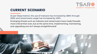 As per Deep Instinct, the use of malware has increased by 358% through
2020, and ransomware usage has increased by 435%.
Emerging threats such as malware and ransomware have made firewalls
more critical than ever, but at the same time, implementing, maintaining,
and upgrading one isn’t always straightforward!
CURRENT SCENARIO
 