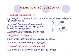 Χαρακτηριστικά του κύματος

• Περίοδος του κύματος (Τ )
ο χρόνος μέσα στον οποίο ένα σωματίδιο του μέσου ολοκληρώνει
την κίνησή του ή
το χρονικό διάστημα μέσα στο οποίο
η κυματική εικόνα σε μια περιοχή του
μέσου επαναλαμβάνεται
(Συμπίπτει με την περίοδο της πηγής)
• Συχνότητα του κύματος (f )
η συχνότητα ταλάντωσης των μορίων του μέσου
(Συμπίπτει με την συχνότητα της πηγής)
• Γωνιακή συχνότητα του κύματος (ω)
(Συμπίπτει με την γωνιακή συχνότητα της πηγής)          12
 