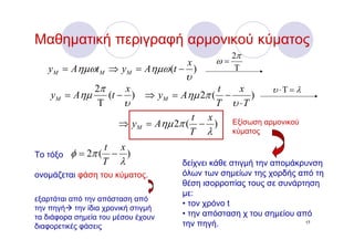 Μαθηματική περιγραφή αρμονικού κύματος
                                               2π
                                x           ω=
   yM = Aημωt M ⇒ yM = Aημω (t − )              Τ
                                    υ
             2π     x                  t   x      υ ⋅Τ = λ
    yM = Aημ    (t − ) ⇒ yM = Aημ 2π ( −      )
              Τ     υ                  T υ ⋅T
                                   t x
                   ⇒ y M = Aημ 2π ( − ) Εξίσωση αρμονικού
                                   T λ   κύματος

                t x
Το τόξο φ = 2π ( − )
                T λ                 δείχνει κάθε στιγμή την απομάκρυνση
ονομάζεται φάση του κύματος.        όλων των σημείων της χορδής από τη
                                    θέση ισορροπίας τους σε συνάρτηση
                                    με:
εξαρτάται από την απόσταση από
                                    • τον χρόνο t
την πηγή την ίδια χρονική στιγμή
τα διάφορα σημεία του μέσου έχουν   • την απόσταση χ του σημείου από
διαφορετικές φάσεις                 την πηγή.                      17
 