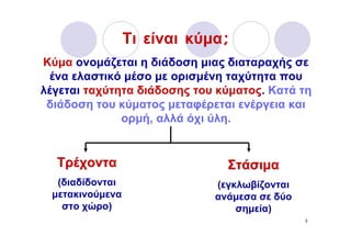 Τι είναι κύμα;
Κύμα ονομάζεται η διάδοση μιας διαταραχής σε
 ένα ελαστικό μέσο με ορισμένη ταχύτητα που
λέγεται ταχύτητα διάδοσης του κύματος. Κατά τη
 διάδοση του κύματος μεταφέρεται ενέργεια και
              ορμή, αλλά όχι ύλη.


  Τρέχοντα                     Στάσιμα
  (διαδίδονται               (εγκλωβίζονται
 μετακινούμενα               ανάμεσα σε δύο
   στο χώρο)                     σημεία)
                                              2
 
