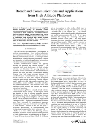 ACEEE International Journal on Communication, Vol 1, No. 1, Jan 2010




    Broadband Communications and Applications
           from High Altitude Platforms
                                             A. Mohammed and Z. Yang
                 Department of Signal Processing, Blekinge Institute of Technology, Ronneby, Sweden
                                             Email: {amo, zya}@bth.se


Abstract—In this paper, we give an overview of using High          act as base-stations or relay nodes, which may be
Altitude Platforms (HAPs) for providing wireless                   effectively regarded as a very tall antenna mast or a very
telecommunication and broadband communication services.            Low-Earth-Orbit (LEO) satellite [4]. This modern
Comparisons of HAPs, satellite and terrestrial systems are         communication solution has advantages of both terrestrial
shown to illustrate unique characteristics of the system.
Three architectures for HAP systems are discussed in terms
                                                                   and satellite communications [4, 5, 6]. It is a good
of cooperation with terrestrial and satellite systems.             technique for serving the increasing demand of
Telecommunication, broadband and disaster applications of          broadband wireless access (BWA) by using higher
HAPs are shown based on system scenarios.                          frequency allocations especially in mm-wavelength and
                                                                   high-speed data capacity. HAPs are also proposed to
Index Terms— High Altitude Platforms (HAPs), broadband             provide other communication services, i.e. 3G services,
communications, wireless communications, 4G systems                WiMAX broadband services below 11 GHz. The
                                                                   International Telecommunication Union (ITU) allocated a
                    I. INTRODUCTION                                frequency band around 2 GHz for IMT-2000 HAP
   The last decade has experienced a development in                service [7].
wireless communications. New wireless technologies                                                    LEO/MEO/GEO
                                                                                                                    approx. >= 160 km
give people more convenience and freedom to connect to
different communication networks. It is thought that the
demand for the capacity increases significantly when the
next generation of multimedia applications are combined
with future wireless communication systems.                                                                         approx. 17‐22 km
   Wireless communication services are typically
provided by terrestrial and satellite systems.          The
                                                                                                                    approx. 10 km
successful and rapid deployment of both wireless
networks has illustrated the growing demand for
broadband mobile communications. These networks are
featured with high data rates, reconfigurable support,                                   Typical radius =30 km

dynamic time and space coverage demand with
considerable cost. Terrestrial links are widely used to               Figure 1. HAP system deployed at 17~22 km above the ground.
provide services in areas with complex propagation                   Many countries have made significant efforts in the
conditions and in mobile applications. Satellite links are         research of HAPs system and its applications. Some
usually used to provide high speed connections where               well-known projects are: (1) HeliNet and CAPANINA of
terrestrial links are not available. In parallel with these        the European Union (EU) [8]; (2) SkyNet project in Japan
well established networks, a new alternative using aerial          [9]; (3) a HAP project managed by ETRI and KARI in
platforms at high altitudes has emerged and attracted              Korea [10]; (4) In USA, Sanswire Technologies Inc. (Fort
international attentions.                                          Lauderdale, USA) and Angel Technologies (St. Louis,
   Communications platforms situated at high altitudes             USA) carried out a series of research and demonstrations
can be dated to the last century. In 1960 a giant balloon          for HAP practical applications [9]; (5) engineers from
was launched in USA. It reflected broadcasts from the              Japan have demonstrated that HAPs can be a new
Bell laboratories facility at Crawford Hill and bounced            platform to provide High-definition television (HDTV)
the signals to long distance telephone call users. This            services and International Mobile Telecommunications
balloon can be regarded as an ancestor of High Altitude            (IMT-2000) Wideband Code Division Multiple Access
Platforms (HAPs). Traditional applications of airships             (WCDMA) service successfully; (6) Since 2005 the EU
have been restricted in entertainment purposes,                    Cost 297 Action has been established in order to increase
meteorological usage, and environment surveillance due             knowledge and understanding of the use of HAPs for
to safety reasons. However in the past few years, a                delivery of communications and other services [11]. It is
technology advancement in communications from                      now the largest gathering of research community with
airships has given a promising future in this area [1].            interest in HAPs and related technologies [4, 11].
   HAPs as a new solution for delivering wireless                  Recently, the first author has led an international editorial
broadband, have been recently proposed for the provision           team for a HAP special issue at EURASIP Journal of
of fixed, mobile services in stratosphere at an altitude of        Communications and Networking [4] to promote this
17 km to 22 km as shown in Figure 1 [2, 3, 4]. HAPs can            technology and the research activities of Cost 297 to a
                                                              32
© 2010 ACEEE
DOI: 01.ijcom.01.01.08
 