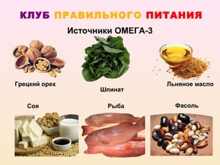 КЛУБ ПРАВИЛЬНОГО ПИТАНИЯ
               Источники ОМЕГА-3




Грецкий орех                       Льняное масло
                     Шпинат

   Соя                 Рыба          Фасоль
 