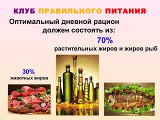 КЛУБ ПРАВИЛЬНОГО ПИТАНИЯ
Оптимальный дневной рацион
        должен состоять из:
                             70%
                 растительных жиров и жиров рыб


    30%
животных жиров
 
