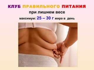 КЛУБ ПРАВИЛЬНОГО ПИТАНИЯ
        при лишнем весе
   максимум: 25 – 30 г жира в   день
 