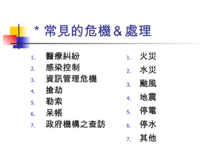 ＊常見的危機＆處理 醫療糾紛 感染控制 資訊管理危機 搶劫 勒索 呆帳 政府機構之查訪 火災 水災 颱風 地震 停電 停水 其他 