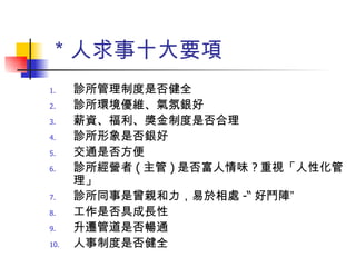 ＊人求事十大要項 診所管理制度是否健全 診所環境優維、氣氛銀好 薪資、福利、獎金制度是否合理 診所形象是否銀好 交通是否方便 診所經營者 ( 主管 ) 是否富人情味 ? 重視「人性化管理」 診所同事是曾親和力，易於相處 -“ 好鬥陣” 工作是否具成長性 升遷管道是否暢通 人事制度是否健全 