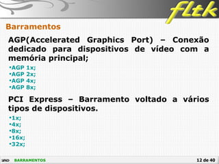 12 de 40BARRAMENTOS
Barramentos
AGP(Accelerated Graphics Port) – Conexão
dedicado para dispositivos de vídeo com a
memória principal;
AGP 1x;
AGP 2x;
AGP 4x;
AGP 8x;
PCI Express – Barramento voltado a vários
tipos de dispositivos.
1x;
4x;
8x;
16x;
32x;
 