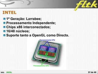 37 de 40
INTEL
INTEL
1ª Geração: Larrabee;
Processamento Independente;
Chips x86 interconectados;
16/48 núcleos;
Suporte tanto a OpenGL como Directx.
 