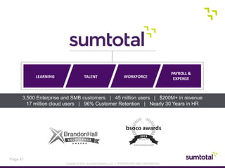 Copyright © 2013, SumTotal Systems, LLC │ PROPRIETARY AND CONFIDENTIAL
Page 41
LEARNING TALENT WORKFORCE
PAYROLL &
EXPENSE
3,500 Enterprise and SMB customers | 45 million users | $200M+ in revenue
17 million cloud users | 96% Customer Retention | Nearly 30 Years in HR
 