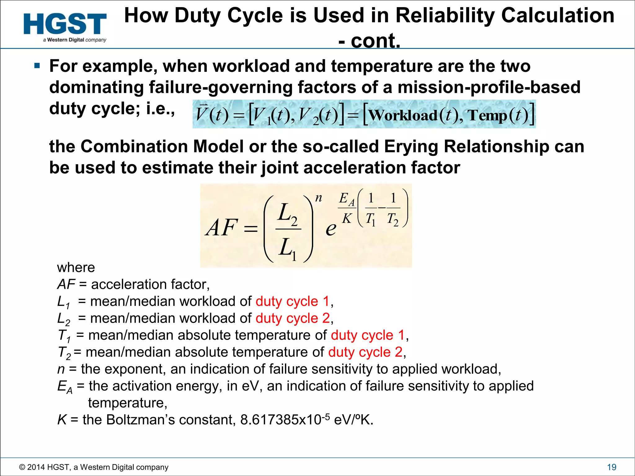 © 2014 HGST, a Western Digital company 19
How Duty Cycle is Used in Reliability Calculation
- cont.
 For example, when workload and temperature are the two
dominating failure-governing factors of a mission-profile-based
duty cycle; i.e.,
the Combination Model or the so-called Erying Relationship can
be used to estimate their joint acceleration factor
where
AF = acceleration factor,
L1 = mean/median workload of duty cycle 1,
L2 = mean/median workload of duty cycle 2,
T1 = mean/median absolute temperature of duty cycle 1,
T2 = mean/median absolute temperature of duty cycle 2,
n = the exponent, an indication of failure sensitivity to applied workload,
EA = the activation energy, in eV, an indication of failure sensitivity to applied
temperature,
K = the Boltzman’s constant, 8.617385x10-5 eV/ºK.













 21
11
1
2 TTK
En A
e
L
L
AF
   )(),()(),()( 21 tttVtVtV TempWorkload

 