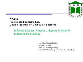 CE-416
Pre-stressed Concrete Lab.
Course Teacher: Mr. Galib & Ms. Sabreena
Md. Maruf Uddin Khaled
ID:08.02.03.054
Dept. of Civil Engineering
Ahsanullah University of Science & Technology
Influence Line for Reaction , Moment & Shear for
Indeterminate Structure
 