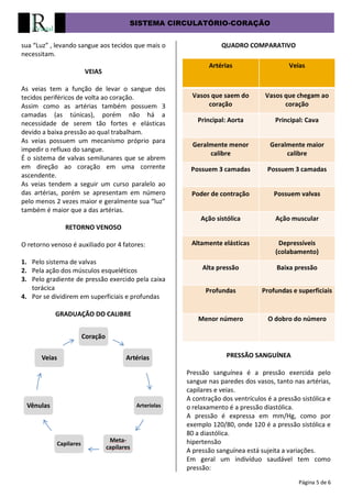 SISTEMA CIRCULATÓRIO-CORAÇÃO
Página 5 de 6
sua “Luz” , levando sangue aos tecidos que mais o
necessitam.
VEIAS
As veias tem a função de levar o sangue dos
tecidos periféricos de volta ao coração.
Assim como as artérias também possuem 3
camadas (as túnicas), porém não há a
necessidade de serem tão fortes e elásticas
devido a baixa pressão ao qual trabalham.
As veias possuem um mecanismo próprio para
impedir o refluxo do sangue.
É o sistema de valvas semilunares que se abrem
em direção ao coração em uma corrente
ascendente.
As veias tendem a seguir um curso paralelo ao
das artérias, porém se apresentam em número
pelo menos 2 vezes maior e geralmente sua “luz”
também é maior que a das artérias.
RETORNO VENOSO
O retorno venoso é auxiliado por 4 fatores:
1. Pelo sistema de valvas
2. Pela ação dos músculos esqueléticos
3. Pelo gradiente de pressão exercido pela caixa
torácica
4. Por se dividirem em superficiais e profundas
GRADUAÇÃO DO CALIBRE
QUADRO COMPARATIVO
Artérias Veias
Vasos que saem do
coração
Vasos que chegam ao
coração
Principal: Aorta Principal: Cava
Geralmente menor
calibre
Geralmente maior
calibre
Possuem 3 camadas Possuem 3 camadas
Poder de contração Possuem valvas
Ação sistólica Ação muscular
Altamente elásticas Depressíveis
(colabamento)
Alta pressão Baixa pressão
Profundas Profundas e superficiais
Menor número O dobro do número
PRESSÃO SANGUÍNEA
Pressão sanguínea é a pressão exercida pelo
sangue nas paredes dos vasos, tanto nas artérias,
capilares e veias.
A contração dos ventrículos é a pressão sistólica e
o relaxamento é a pressão diastólica.
A pressão é expressa em mm/Hg, como por
exemplo 120/80, onde 120 é a pressão sistólica e
80 a diastólica.
hipertensão
A pressão sanguínea está sujeita a variações.
Em geral um indivíduo saudável tem como
pressão:
Coração
Artérias
Arteríolas
Meta-
capilares
Capilares
Vênulas
Veias
 