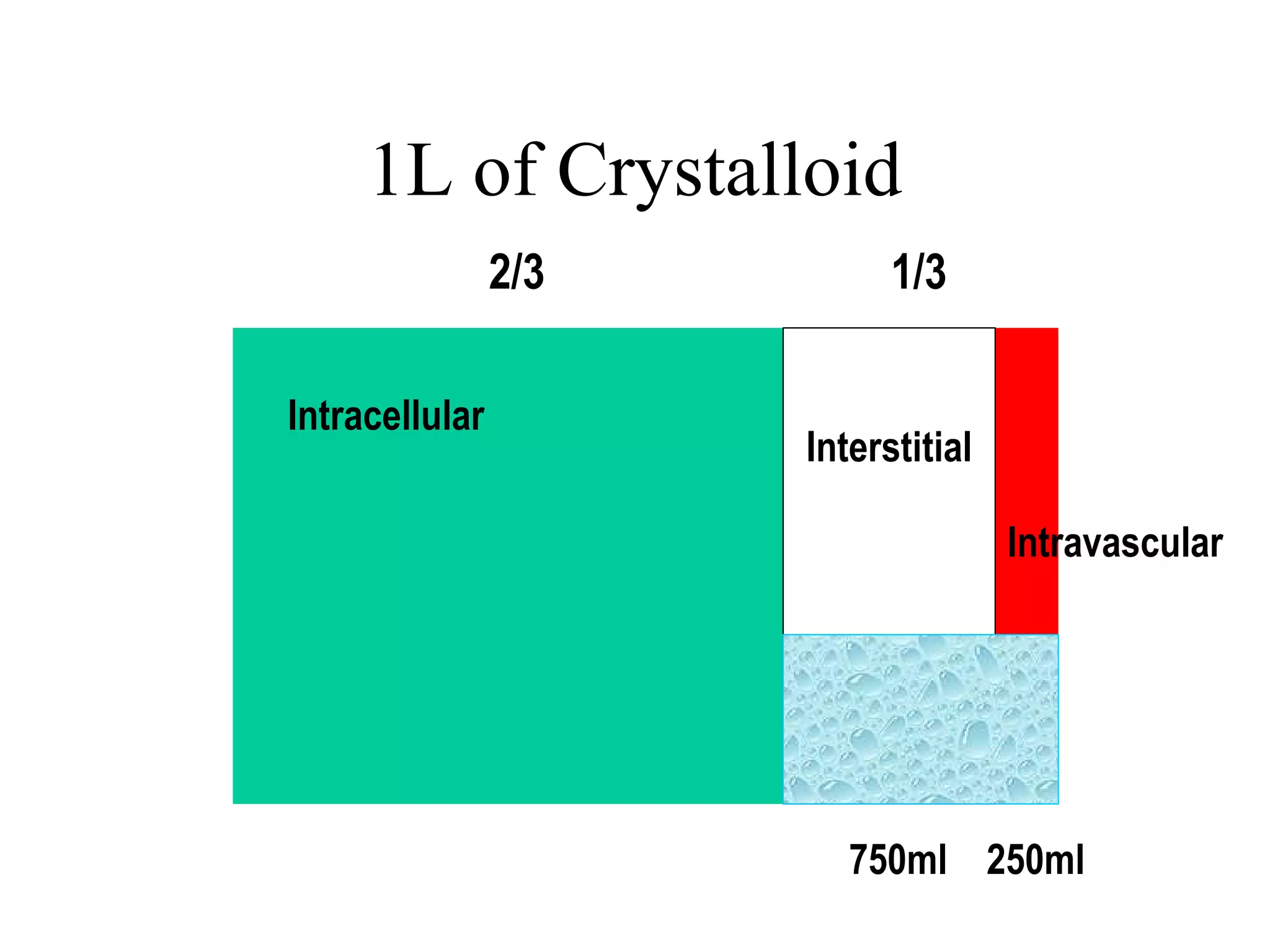 1L of Crystalloid
Intracellular
Interstitial
Intravascular
2/3 1/3
750ml 250ml
 