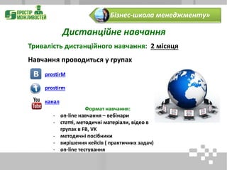 Дистанційне навчання
Тривалість дистанційного навчання: 2 місяця
Навчання проводиться у групах
prostirM
prostirm
канал
«Бізнес-школа менеджменту»
Формат навчання:
- on-line навчання – вебінари
- статті, методичні матеріали, відео в
групах в FB, VK
- методичні посібники
- вирішення кейсів ( практичних задач)
- on-line тестування
 