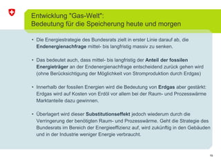 19 
Entwicklung "Gas-Welt": 
Bedeutung für die Speicherung heute und morgen 
• Die Energiestrategie des Bundesrats zielt in erster Linie darauf ab, die 
Endenergienachfrage mittel- bis langfristig massiv zu senken. 
• Das bedeutet auch, dass mittel- bis langfristig der Anteil der fossilen 
Energieträger an der Endenergienachfrage entscheidend zurück gehen wird 
(ohne Berücksichtigung der Möglichkeit von Stromproduktion durch Erdgas) 
• Innerhalb der fossilen Energien wird die Bedeutung von Erdgas aber gestärkt: 
Erdgas wird auf Kosten von Erdöl vor allem bei der Raum- und Prozesswärme 
Marktanteile dazu gewinnen. 
• Überlagert wird dieser Substitutionseffekt jedoch wiederum durch die 
Verringerung der benötigten Raum- und Prozesswärme. Geht die Strategie des 
Bundesrats im Bereich der Energieeffizienz auf, wird zukünftig in den Gebäuden 
und in der Industrie weniger Energie verbraucht. 
 