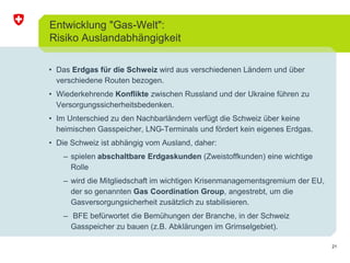 21 
Entwicklung "Gas-Welt": 
Risiko Auslandabhängigkeit 
• Das Erdgas für die Schweiz wird aus verschiedenen Ländern und über 
verschiedene Routen bezogen. 
• Wiederkehrende Konflikte zwischen Russland und der Ukraine führen zu 
Versorgungssicherheitsbedenken. 
• Im Unterschied zu den Nachbarländern verfügt die Schweiz über keine 
heimischen Gasspeicher, LNG-Terminals und fördert kein eigenes Erdgas. 
• Die Schweiz ist abhängig vom Ausland, daher: 
– spielen abschaltbare Erdgaskunden (Zweistoffkunden) eine wichtige 
Rolle 
– wird die Mitgliedschaft im wichtigen Krisenmanagementsgremium der EU, 
der so genannten Gas Coordination Group, angestrebt, um die 
Gasversorgungsicherheit zusätzlich zu stabilisieren. 
– BFE befürwortet die Bemühungen der Branche, in der Schweiz 
Gasspeicher zu bauen (z.B. Abklärungen im Grimselgebiet). 
 