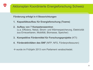 23 
Aktionsplan Koordinierte Energieforschung Schweiz 
Förderung erfolgt in 4 Stossrichtungen 
1. Kapazitätsaufbau für Energieforschung (Teams) 
2. Aufbau von 7 Kompetenzzentren 
(u.a. Effizienz, Netze, Strom- und Wärmespeicherung, Elektrizität 
aus Erneuerbaren, Mobilität, Biomasse, Speicher) 
3. Kompetitive Fördermittel für Forschungsprojekte (KTI) 
4. Förderaktivitäten des SNF (NFP, NFS, Förderprofessuren) 
 wurde im Frühjahr 2013 vom Parlament verabschiedet. 
 