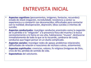 ENTREVISTA INICIAL 
• Aspectos cognitivos (pensamientos, imágenes, fantasías, recuerdos): 
estado de shock (negación, incredulidad); resistencia a contar su 
experiencia o a compartir con desconocidos; dificultades para contactar 
con la realidad; desesperación, depresión; ideas suicidas o intentos de 
suicidio. 
• Aspectos conductuales: investigar conductas anormales como la negación 
de la pérdida o la “religación” a la presencia física del muerto ( lo busca 
constantemente o le llama en voz alta, habitaciones “museo”, deshacerse 
inmediatamente de todo lo que se lo recuerde, cambiarse de casa), 
conductas que hagan pensar en un duelo complicado. 
• Aspectos sociales: investigar redes de apoyo; problemas relacionales 
(dificultades de relación o reacciones de rechazo a otros, aislamiento). 
• Aspectos espirituales: creencias, valores; fe religiosa (imágenes de Dios, 
crisis de fe); pérdida de sentido de vida. 
• Expectativas del solicitante. 
 
