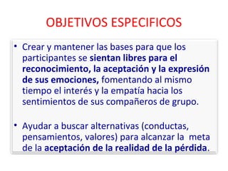 OBJETIVOS ESPECIFICOS 
• Crear y mantener las bases para que los 
participantes se sientan libres para el 
reconocimiento, la aceptación y la expresión 
de sus emociones, fomentando al mismo 
tiempo el interés y la empatía hacia los 
sentimientos de sus compañeros de grupo. 
• Ayudar a buscar alternativas (conductas, 
pensamientos, valores) para alcanzar la meta 
de la aceptación de la realidad de la pérdida. 
 
